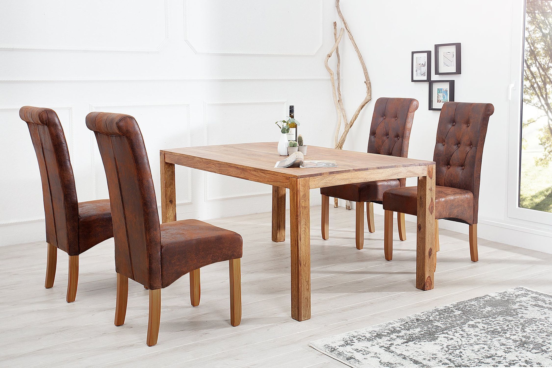 Esstischstuhl ohne Armlehne Braun Kolonialstil Stoff Holz Esstisch, Mobiliar, Tabelle, Esszimmer, Tischplatte