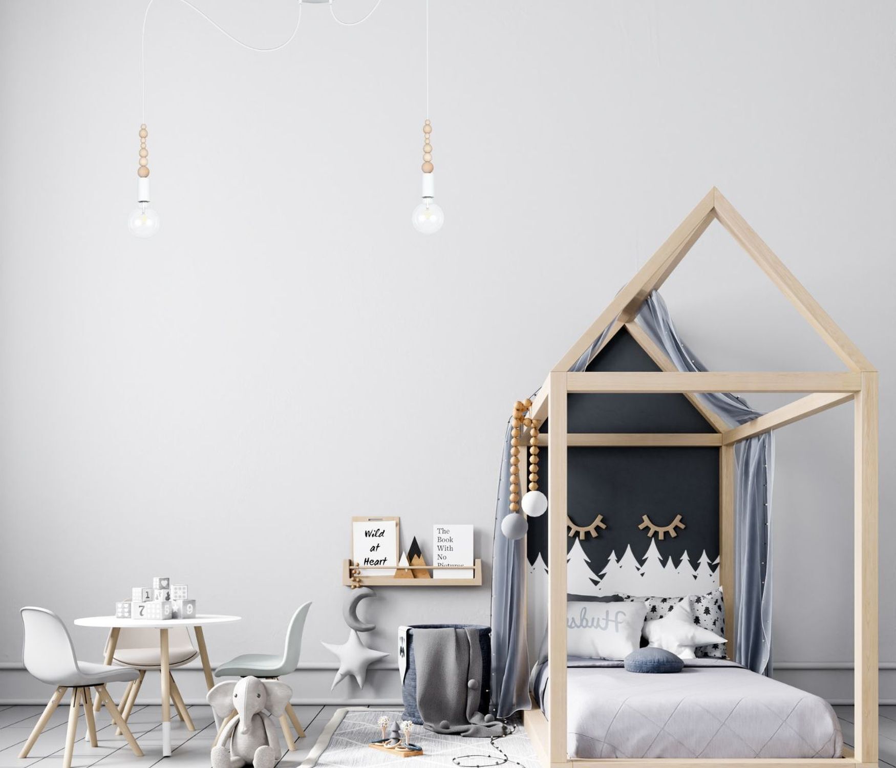 Holzbett, Kinderzimmer, Möbelbett, Schwarz-Weiß Muster, Waldsilhouette