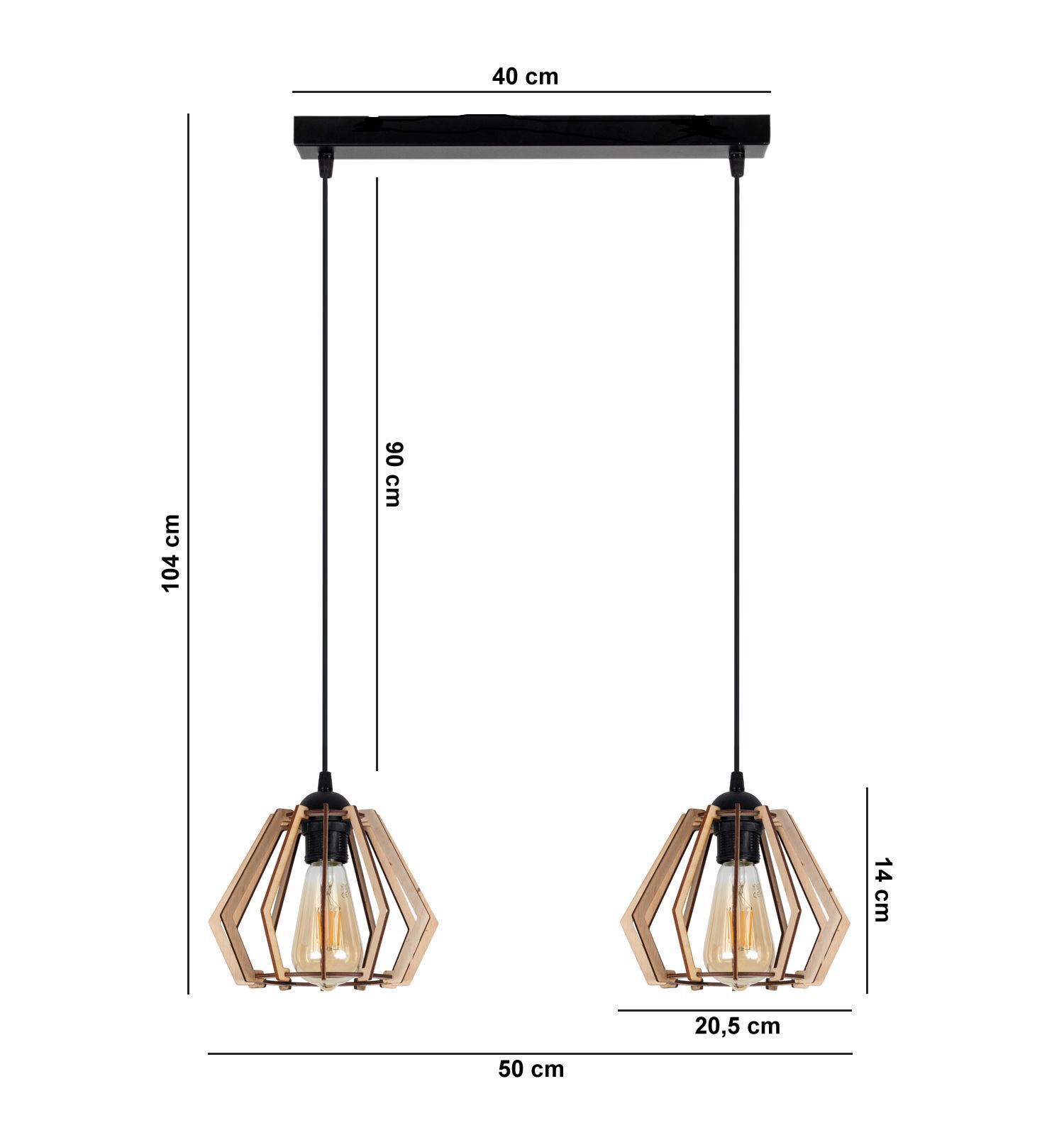 Dekorative Hängelampe Holz E27 2-flammig 50 cm lang Leuchte, Lampe