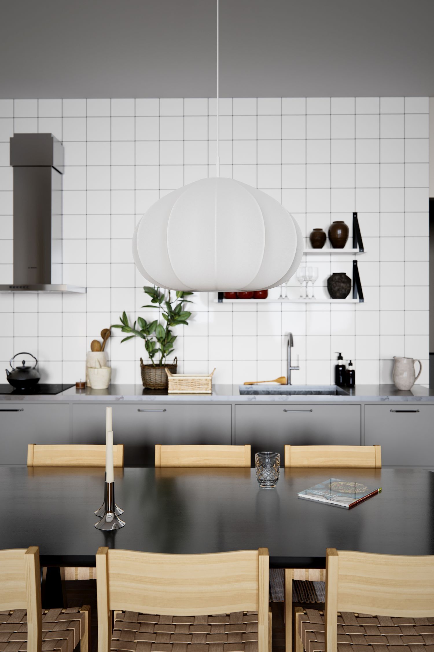 Hängeleuchte Stoff Metall E27 B: 60 cm H: max. 120 cm Weiß Drinnen, Innenarchitektur, Küche, Esstisch, Esszimmer