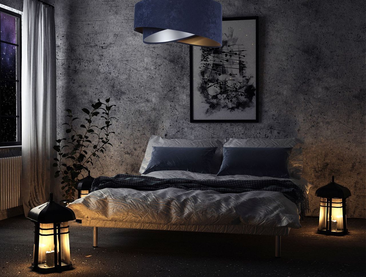 Hängelampe Stoffschirm rund D: 50 cm E27 Blau Gold Silber