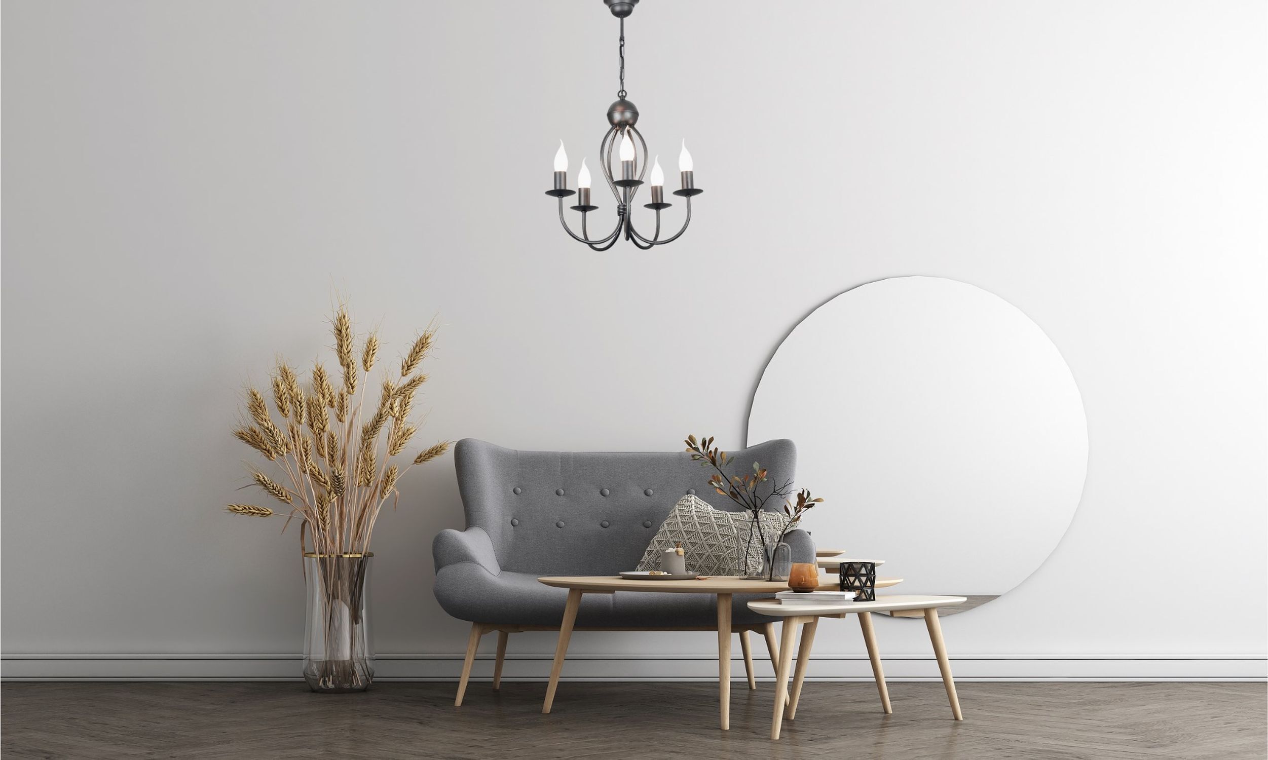 Wohnzimmer, Sofa, Couchtisch, Lampe, runde Spiegel