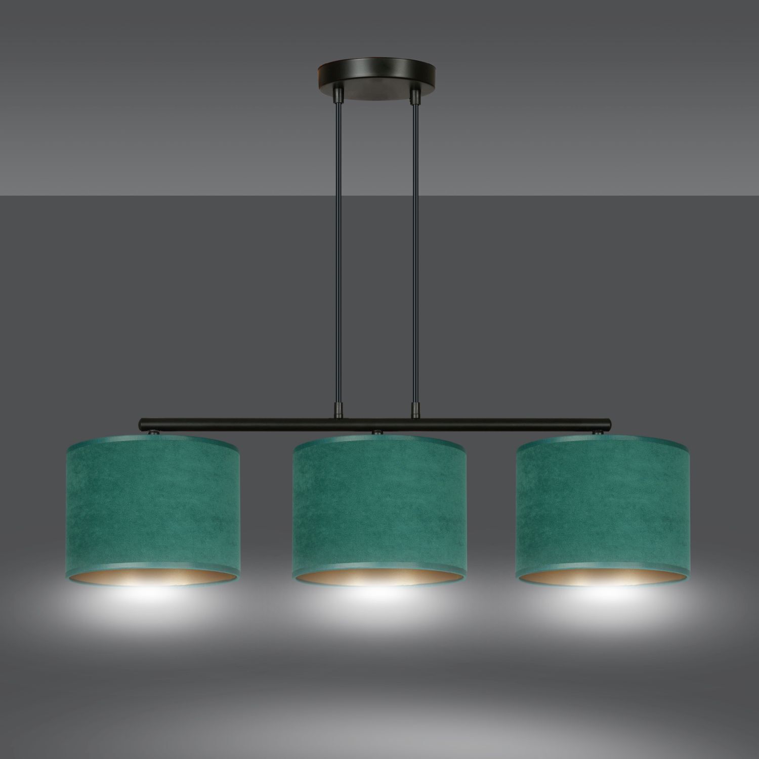 Hängelampe Stoff Metall L: 72 cm Schwarz Grün Gold 3x E27 Leuchte, Lampe, Kronleuchter, Deckenleuchte, Klebeband