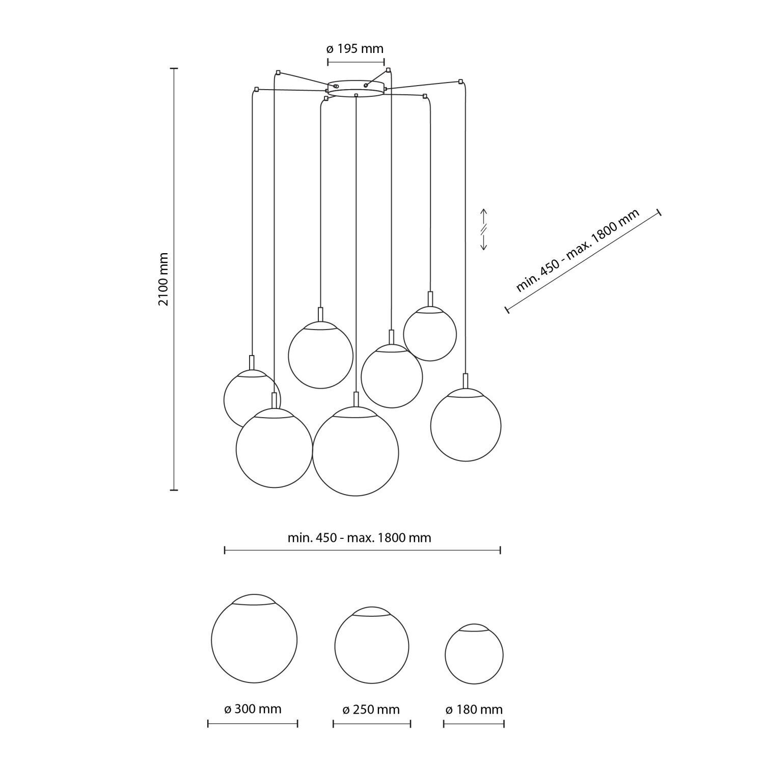 Pendelleuchte Glas Metall B: 400 cm verstellbar 7x E27 XXL Diagramm, Handlung, Besteck, Löffel, Maße