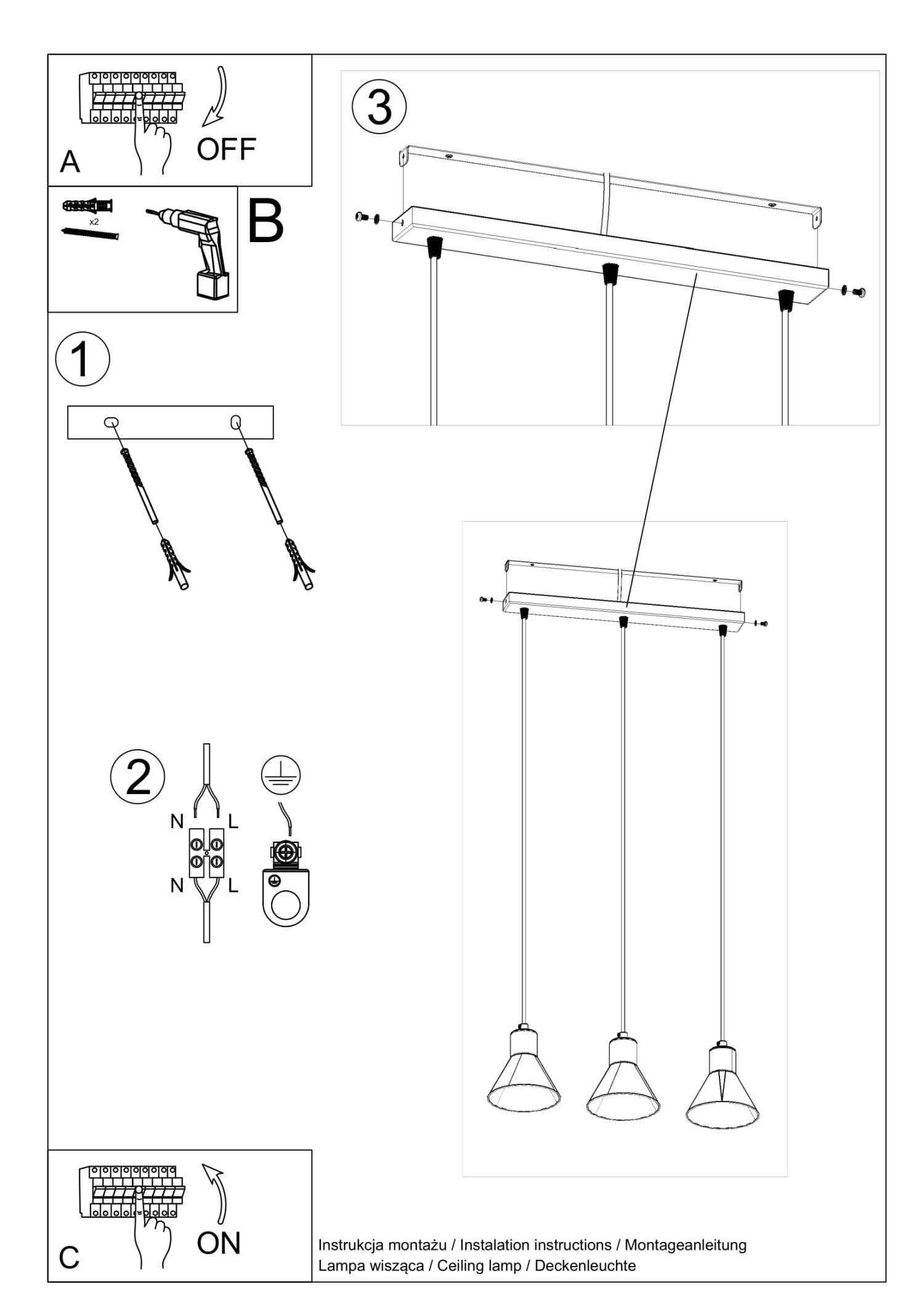 Hängelampe Weiß 3-flammig B: 45 cm ES111 Retro Metall