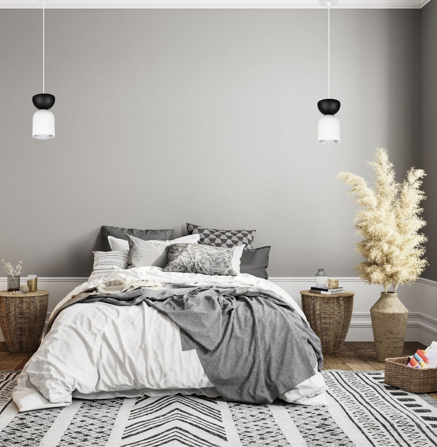 Minimalistische Hängelampe Weiß Schwarz E27 Ø11 cm rund bett, schlafzimmer, grau, leinen, teppich