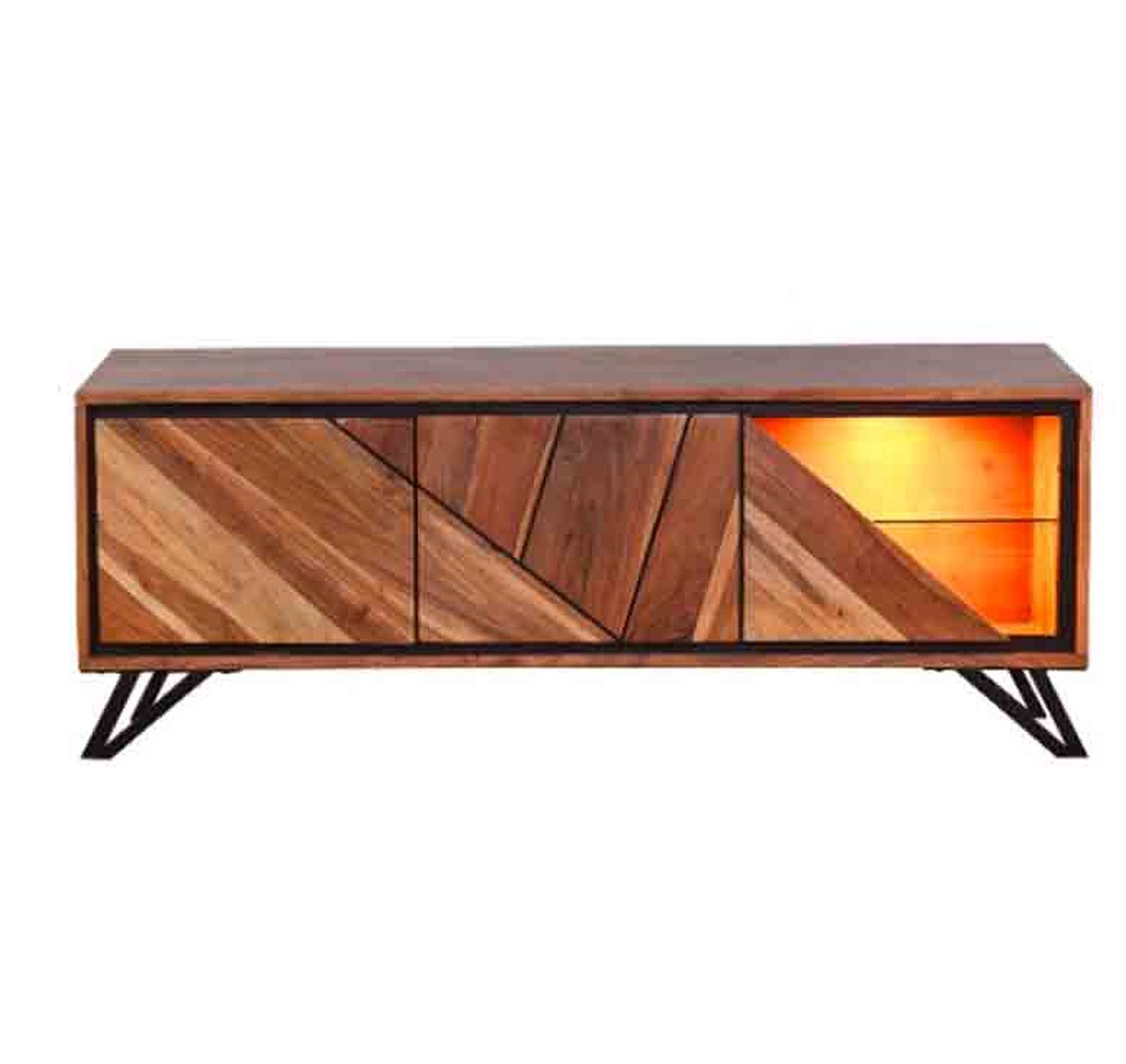 Modernes TV Lowboard mit Beleuchtung 150 cm Holz Glas Metall