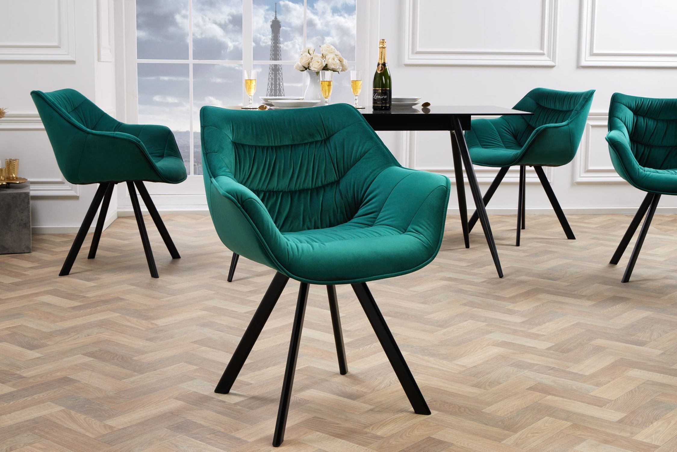 Armlehnstuhl Samt Grün Metallbeine Retro Design LYON Moebel, Fußboden, Drinnen, Innenarchitektur, Stuhl