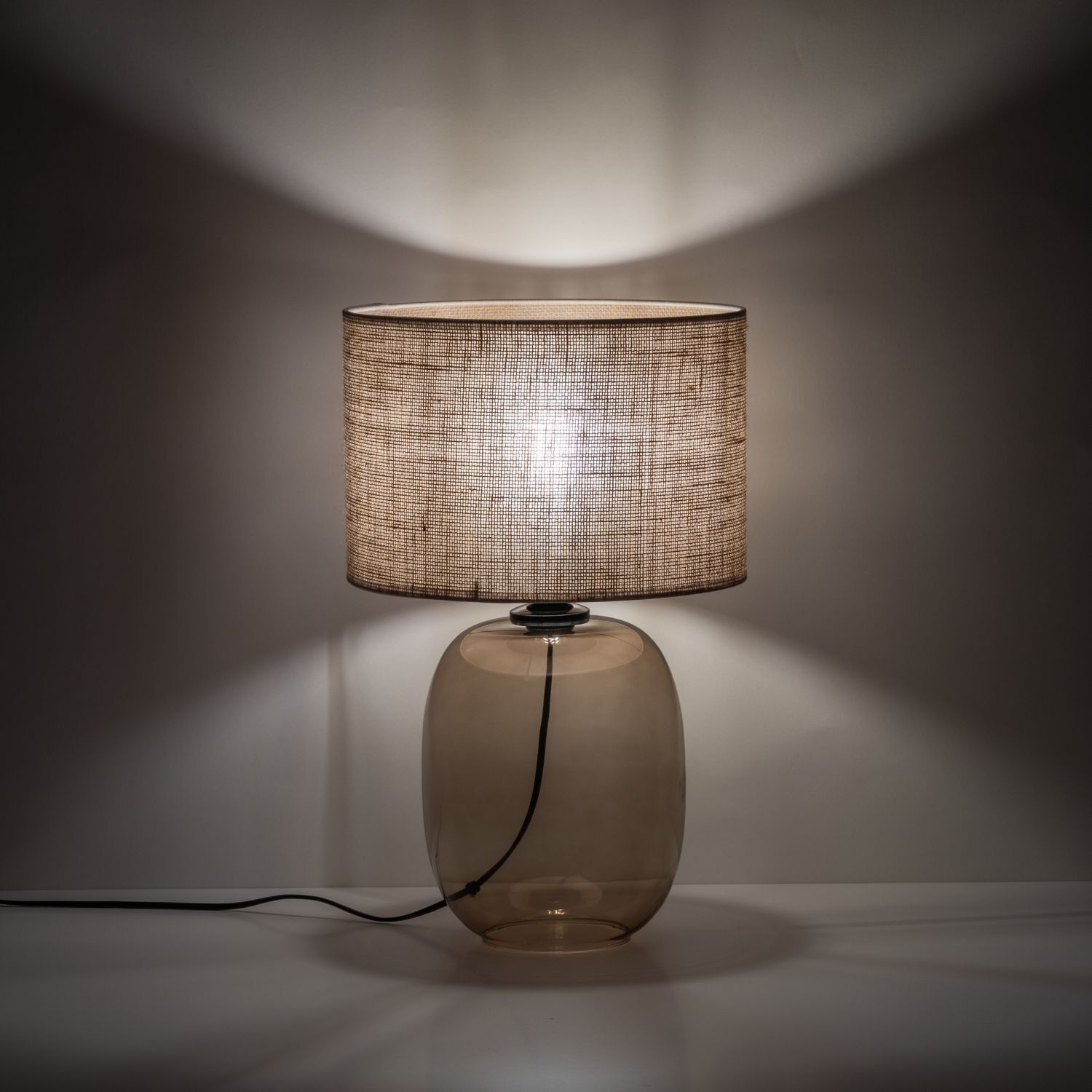 Tischleuchte Rauchglas Stoff Braun H: 48 cm Ø 30 cm E27