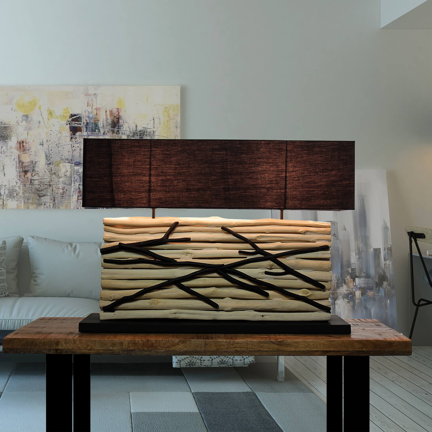 Design Tischlampe Treibholz Stoffschirm 80 cm lang Innenarchitektur, Holz, Kissen, Dekoration für Zuhause, Tabelle