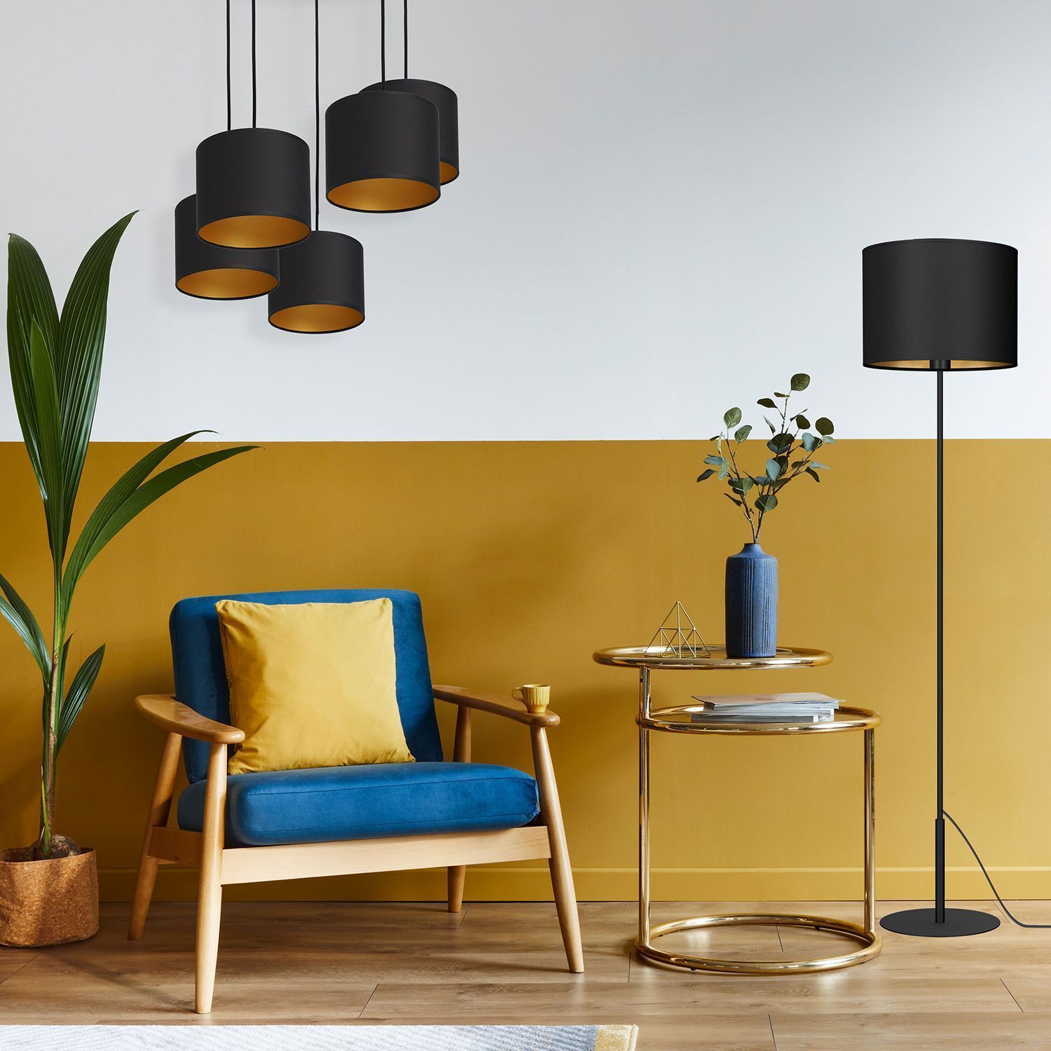 Blendarme Hängelampe Schwarz Gold Stoff Metall 5-flmg Lampe, Stuhl, Mobiliar, Pflanze, Stehlampe