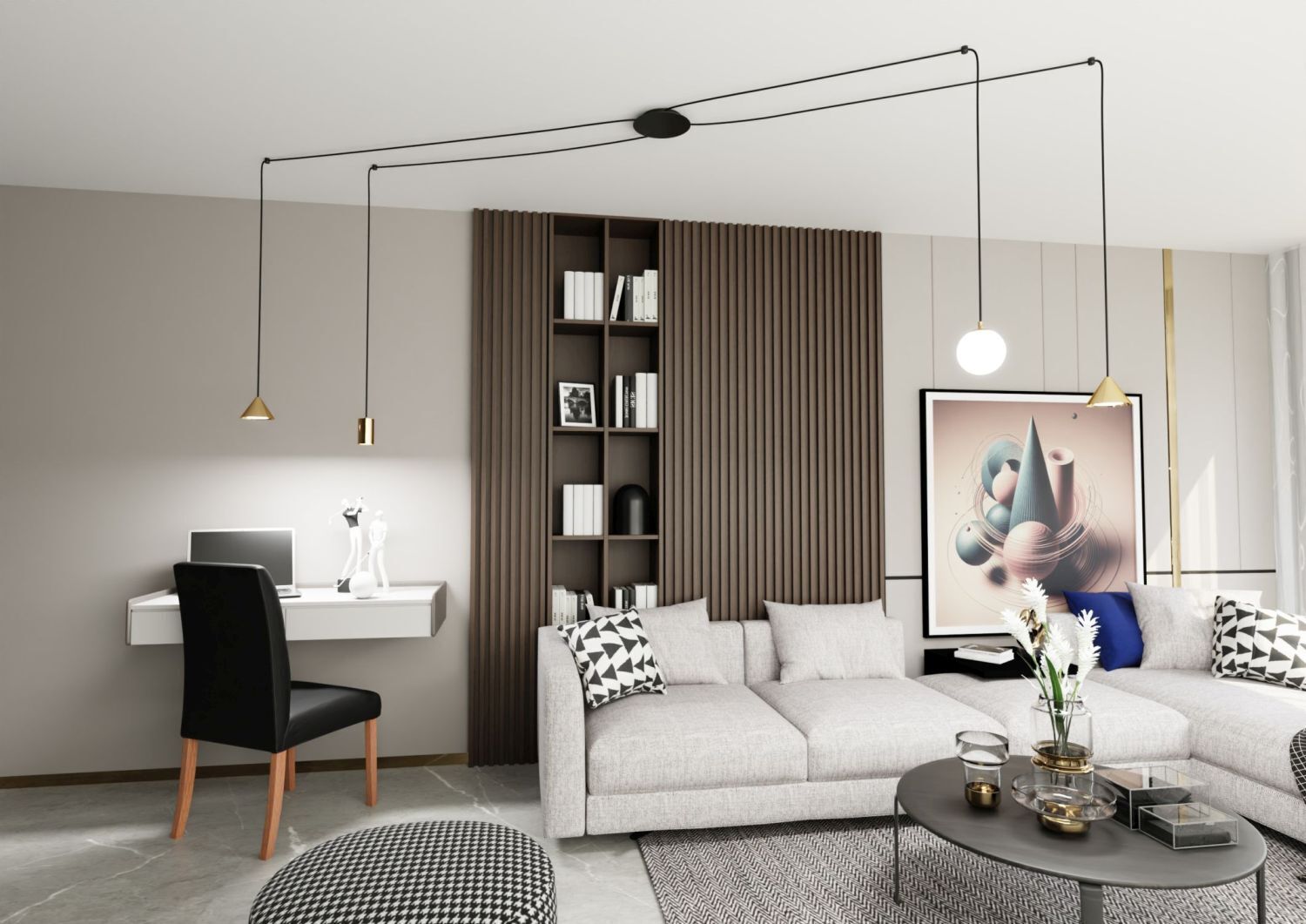 wohnzimmer, hocker, lampe, buchregal, sofa