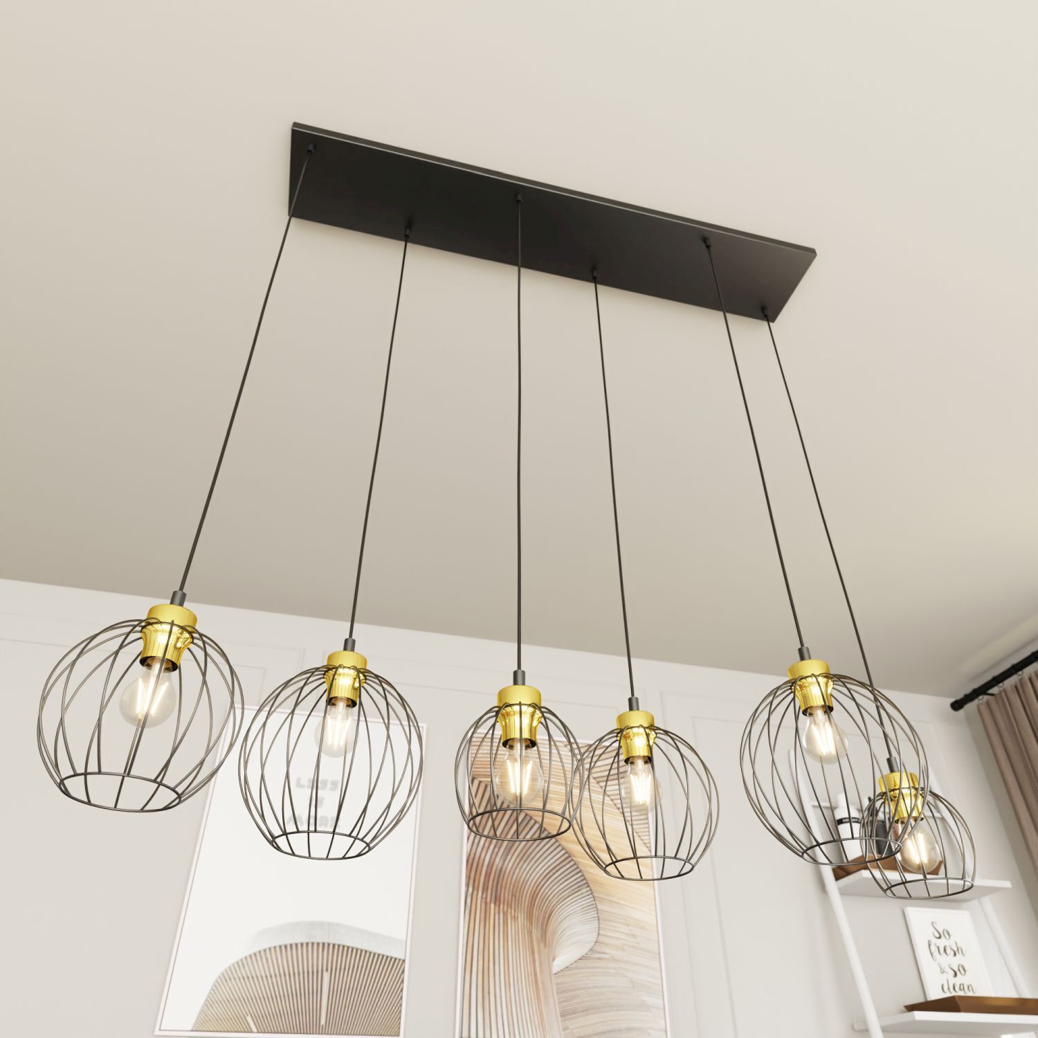 Längliche Pendelleuchte Schwarz Gold 6-flammig elegant