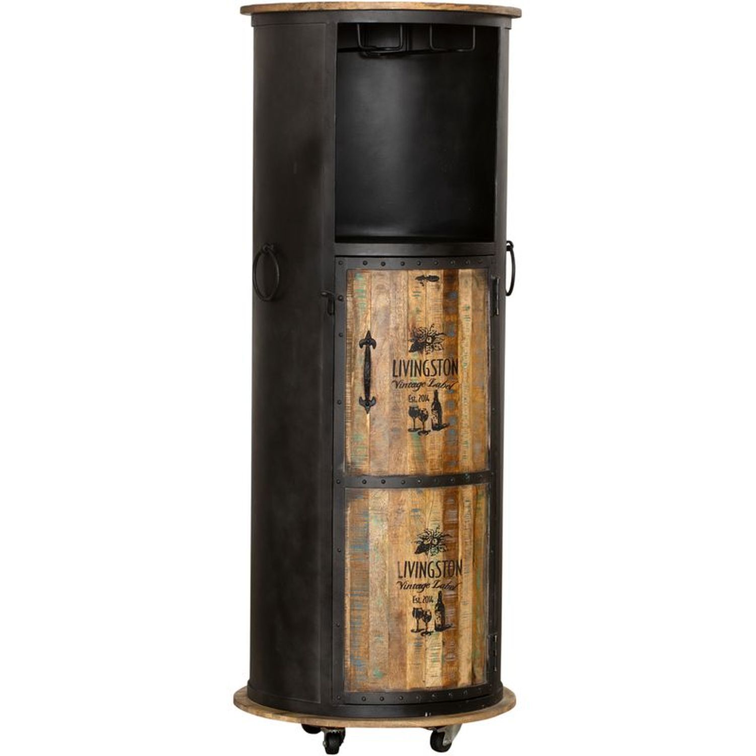 Weinschrank mit Rollen H: 155 cm Stahl Mangoholz Hausbar Kabinett, Mobiliar