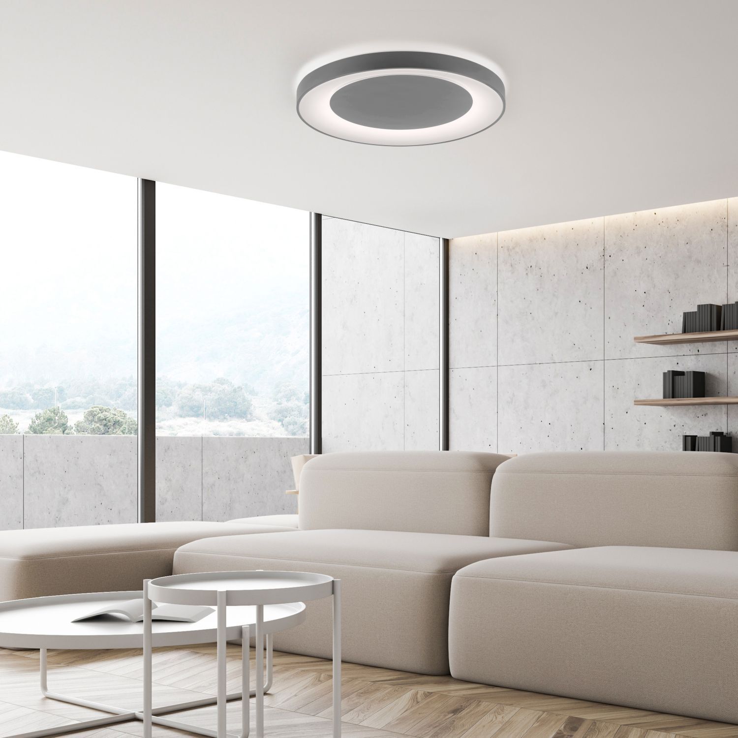 LED Deckenlampe mit Fernbedienung dimmbar Grau Ø70 cm Wohnzimmer, Couch, Deckenleuchte, Innenarchitektur, Kaffeetisch