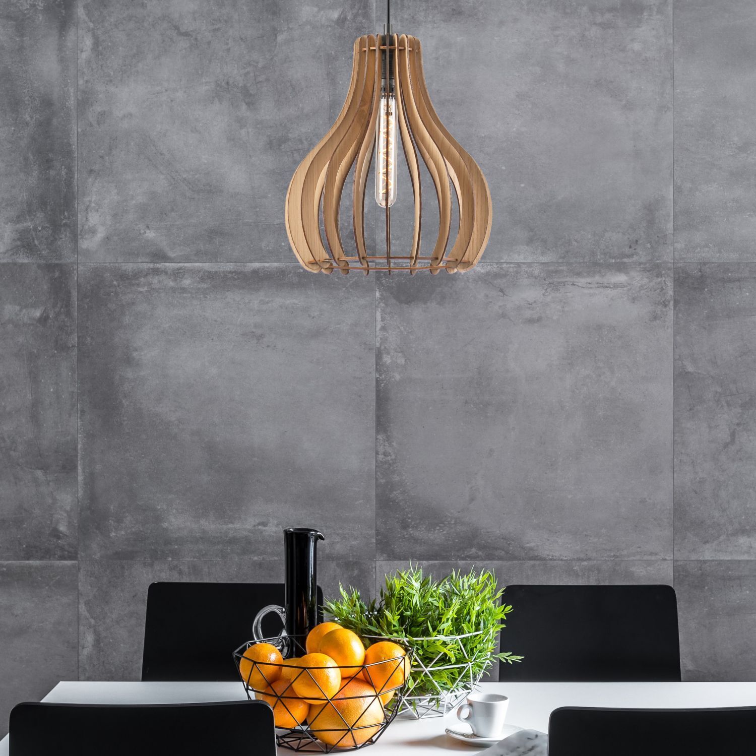 Gemütliche Hängelampe Holz Stahl Ø29 cm Schwarz Natur Pendelleuchte, Holzrahmen, elegante Lampe, Inneneinrichtung, Küche Esstisch