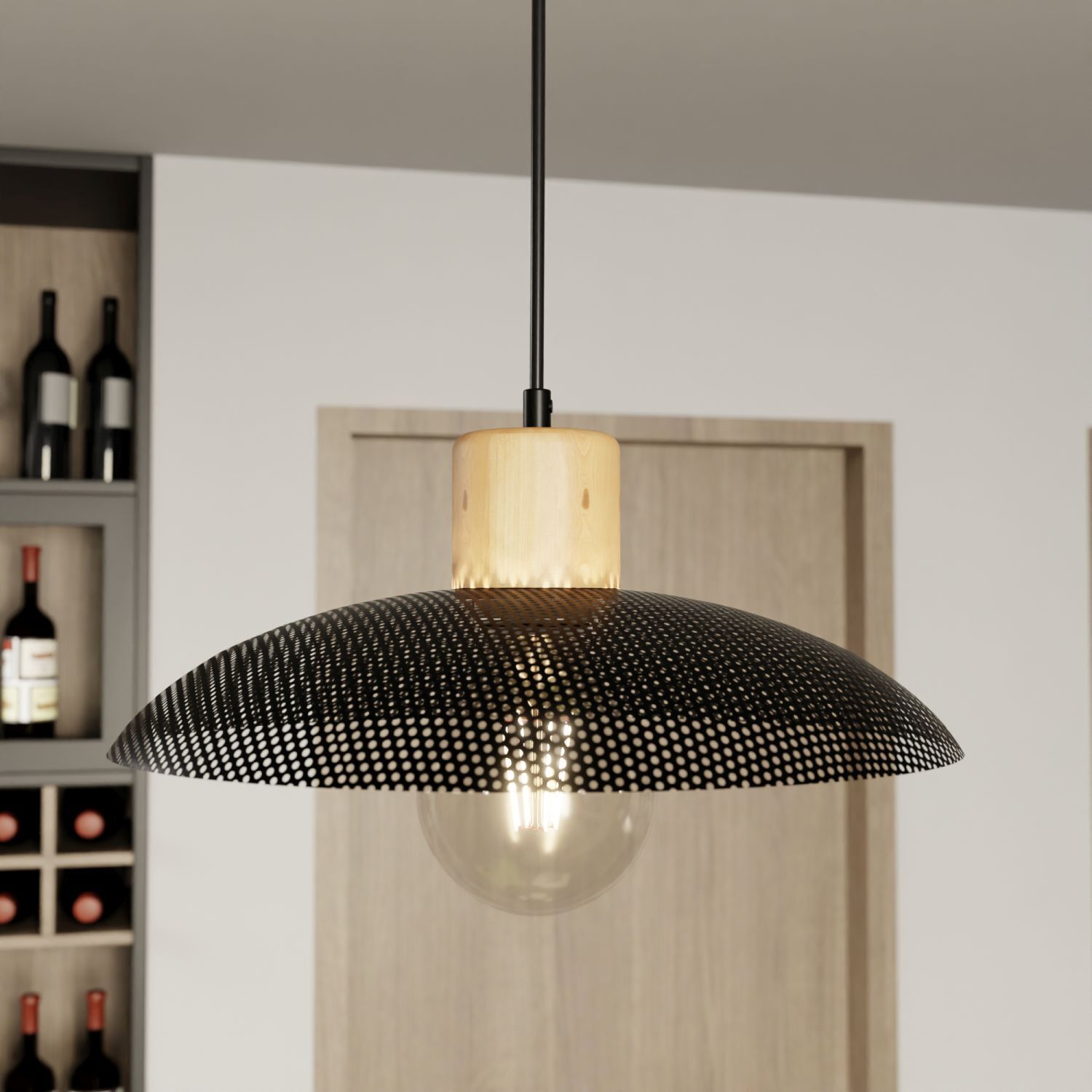 Hängelampe Metall Ø 30 cm Schwarz Holzoptik E27 Loft