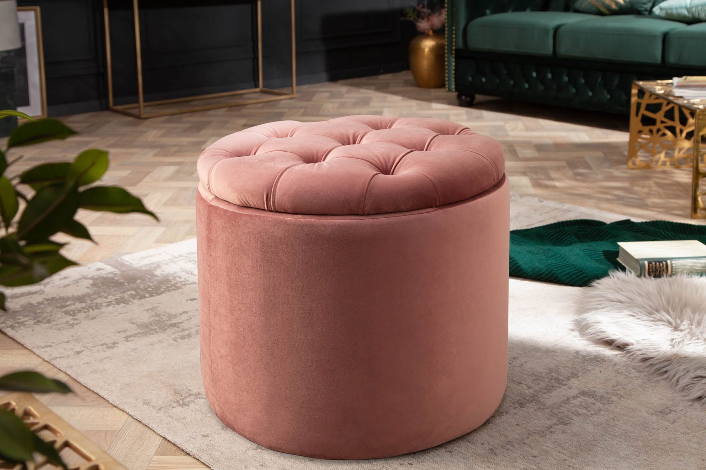 Samthocker mit Stauraum Rosa Ø 50 cm H: 43 cm Chesterfield Moebel, Osmanisch