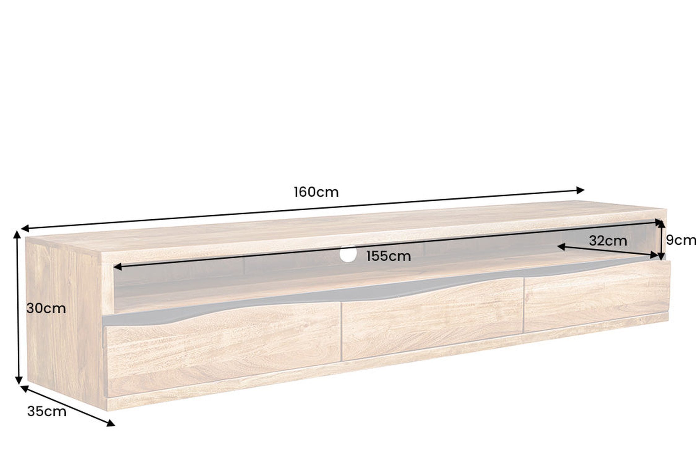 TV Hängeboard 160 cm Schubladen Baumkante Akazienholz