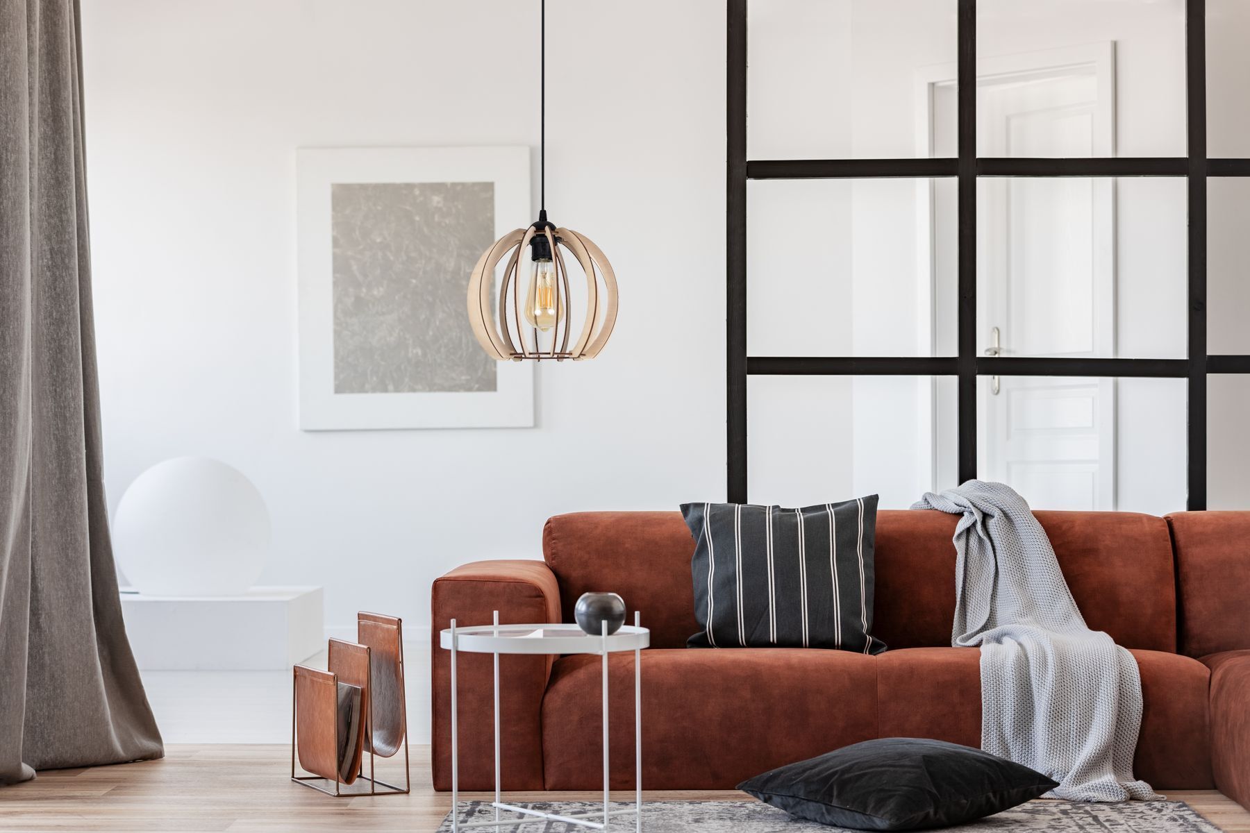 Runde Pendelleuchte Holzschirm Metall E27 Kugel Ø24 cm Wohnzimmer, Sofa, Wohnzimmereinrichtung, Kissen, Deckenstyle