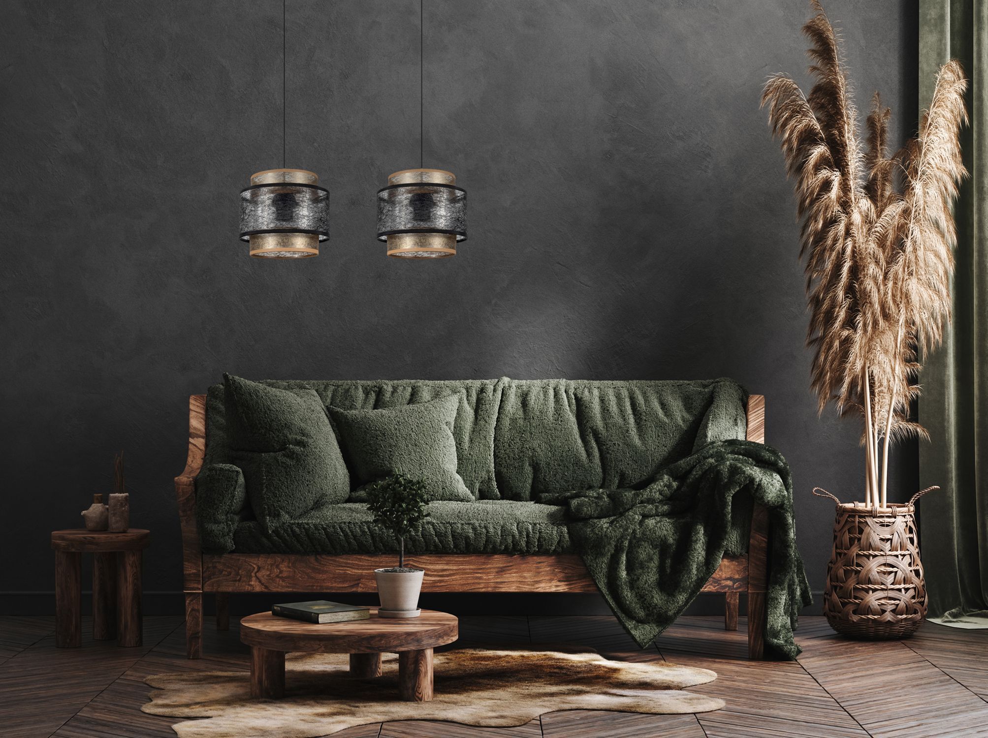 Pendelleuchte Schwarz Gold 2-flammig E27 Stoff blendarm Sofa, Wohnzimmer, Grün, Holz, Dekoration