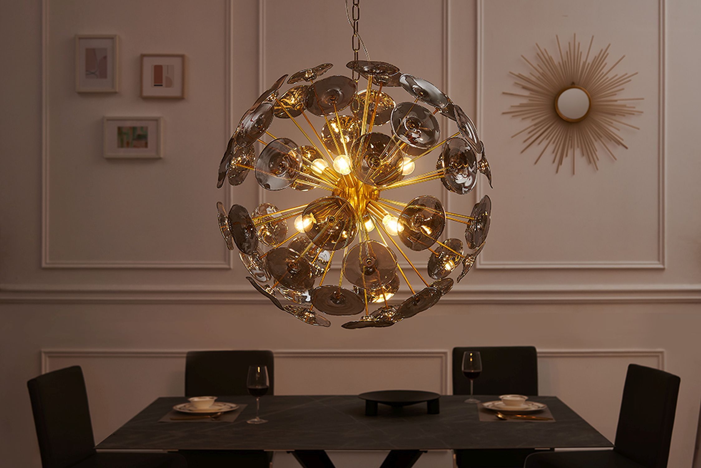 Runde Hängelampe Kugel Glas Metall 5-flammig in Gold Leuchter, Lampe, Esszimmer, Esstisch, Tisch