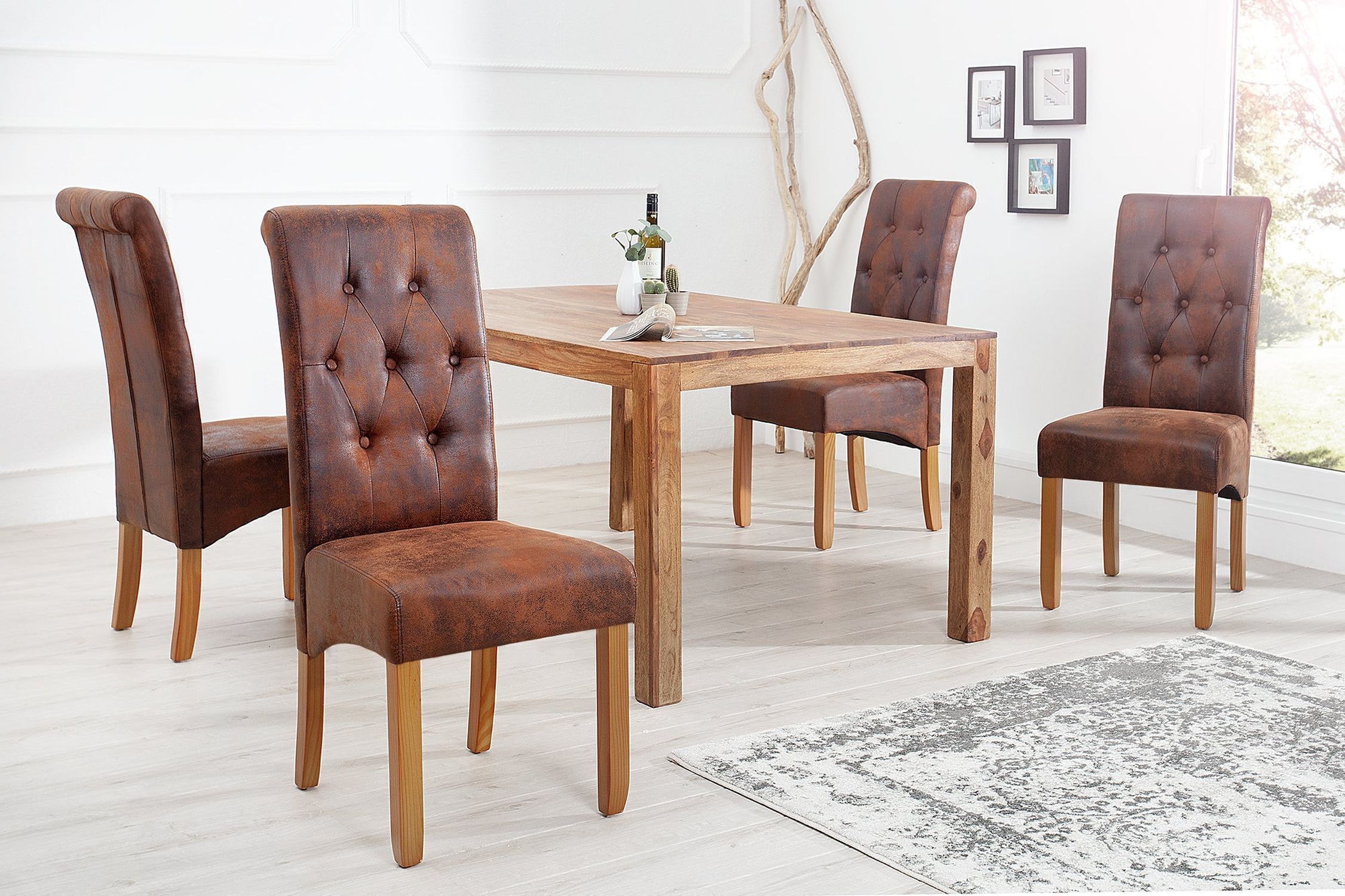 Esstischstuhl ohne Armlehne Braun Kolonialstil Stoff Holz Moebel, Tabelle, Esstisch, Esszimmer, Stuhl