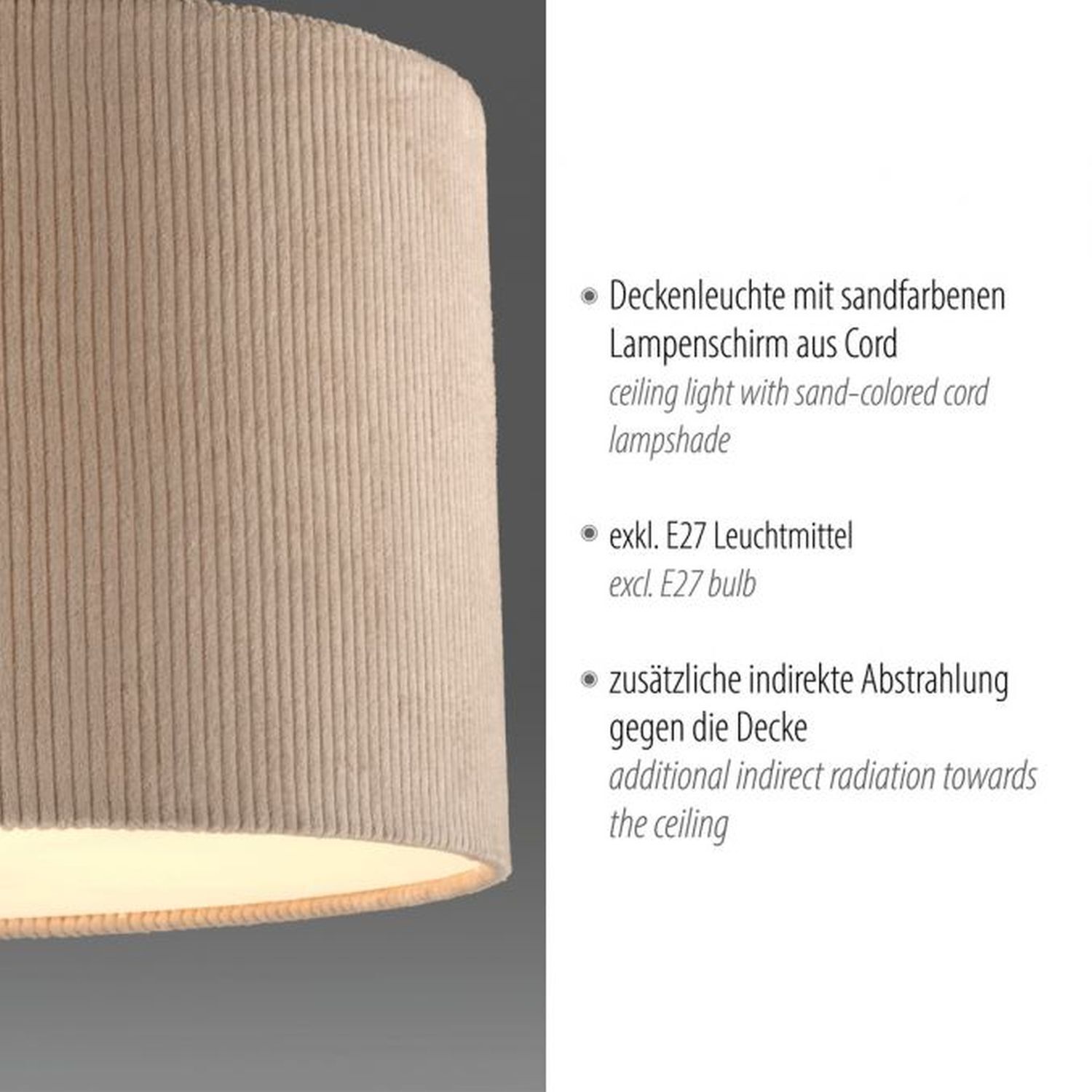 Stoff Deckenlampe blendarm Beige E27 Ø35 cm gemütlich Lampe, Lampenschirm