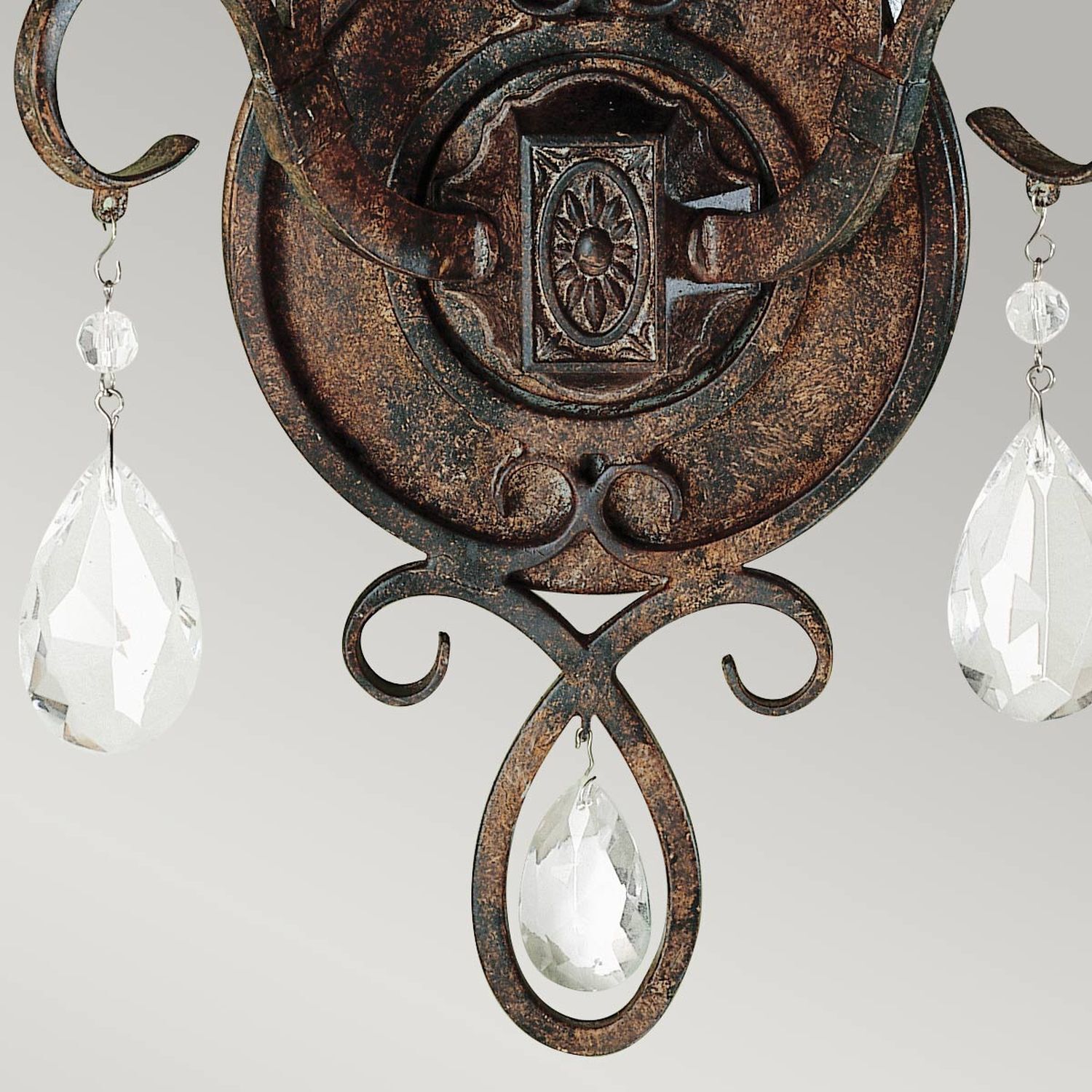 rusty metal, ornate lamp, crystal drops, antique style, hanging decor
