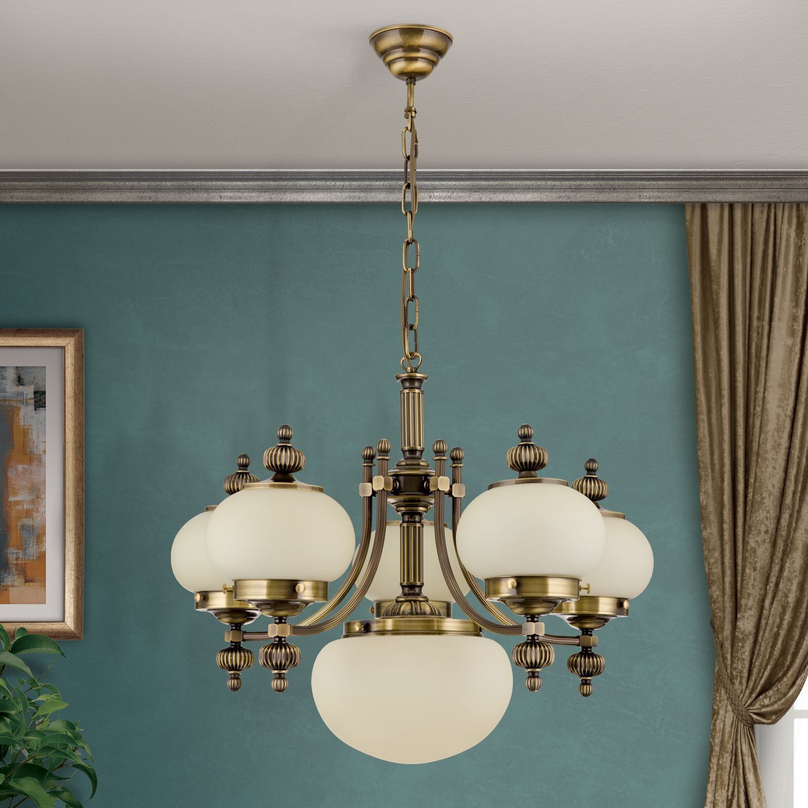 Kronleuchter, Messing, Glasgloben, Sechs Leuchten, Pendelleuchte