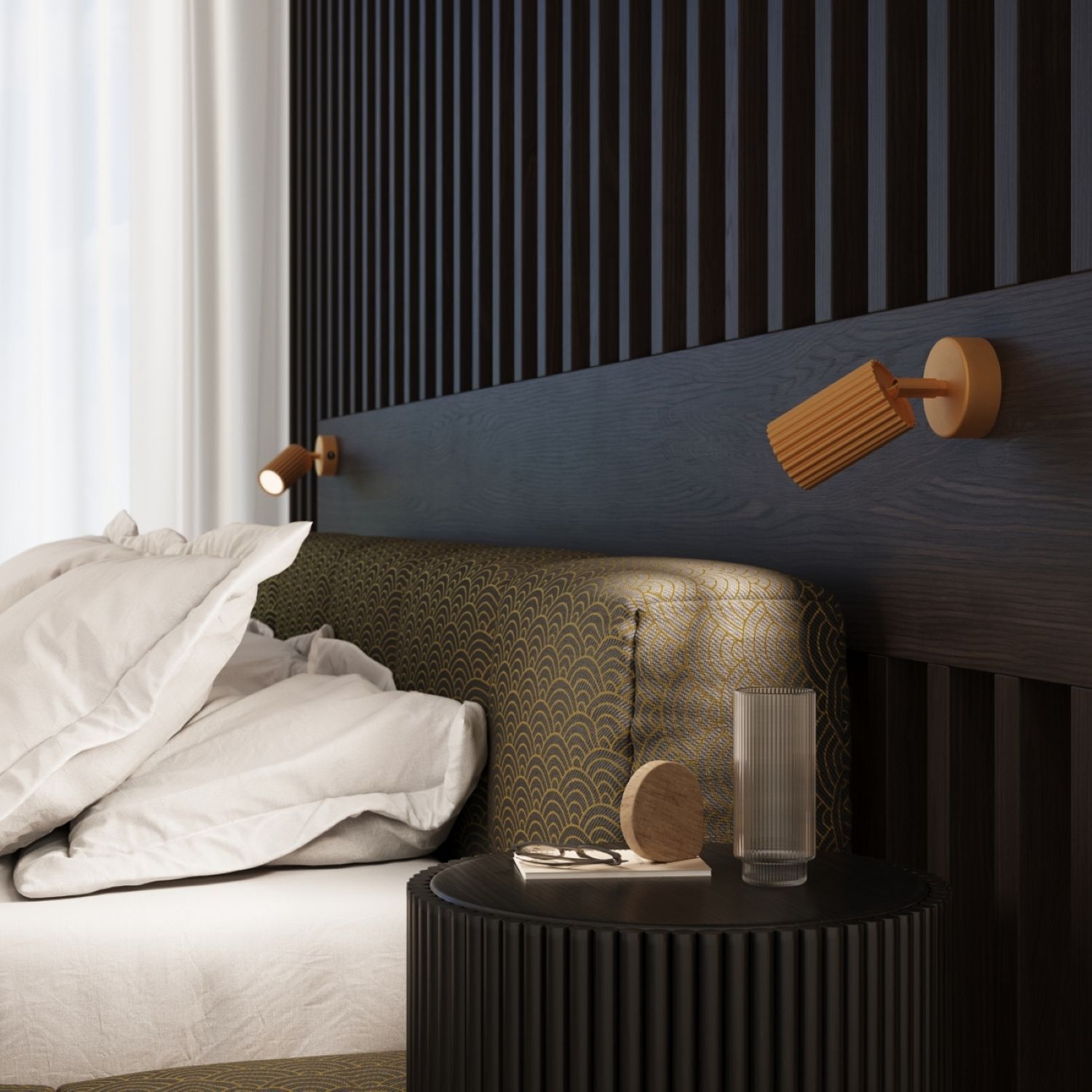 Schwenkbare Leselampe Wand GU10 B: 8 cm klein in Gold aus Alu Drinnen, Innenarchitektur, Kissen, Dekoration für Zuhause, Holzpaneele