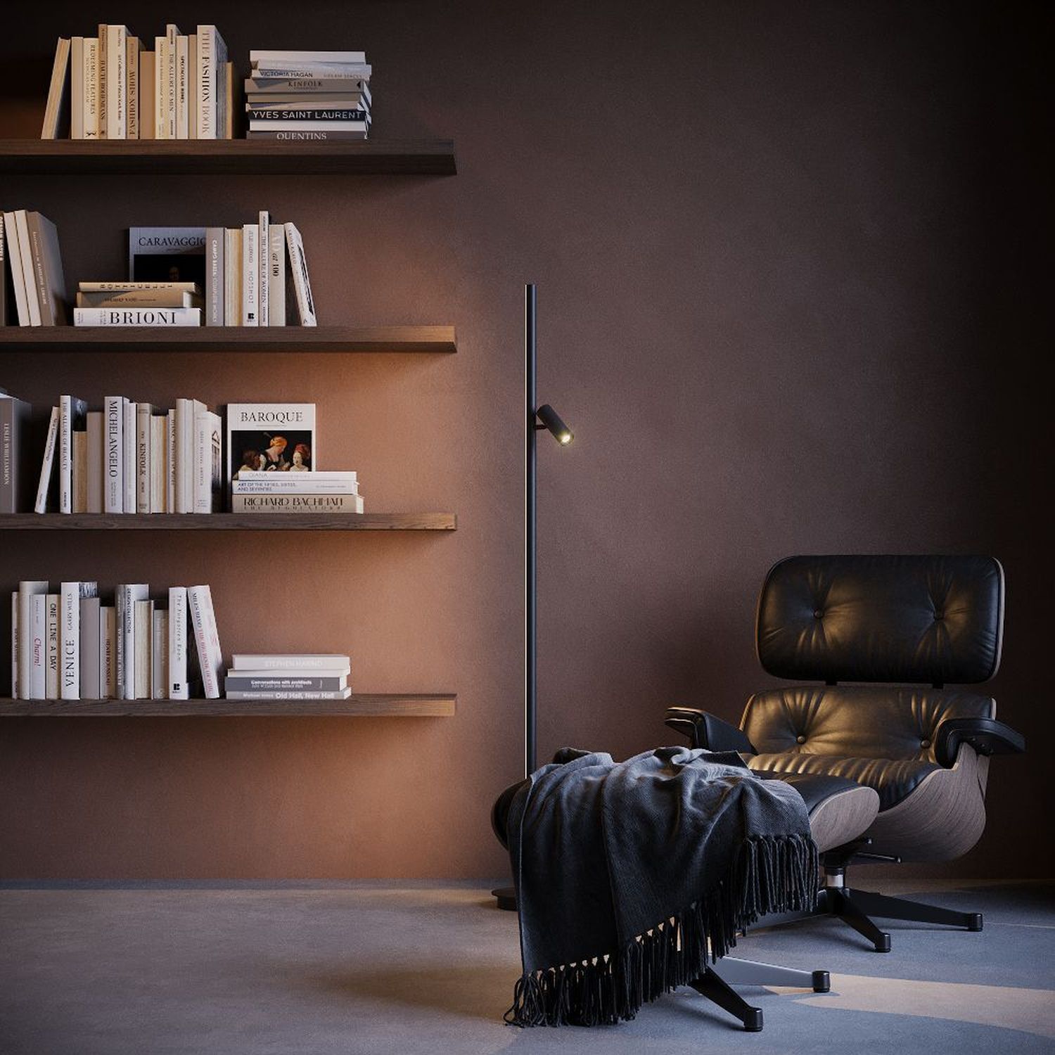 Lounge Chair, Reading Nook, Schwarzes Leder, Sessel, Steh-Lampe