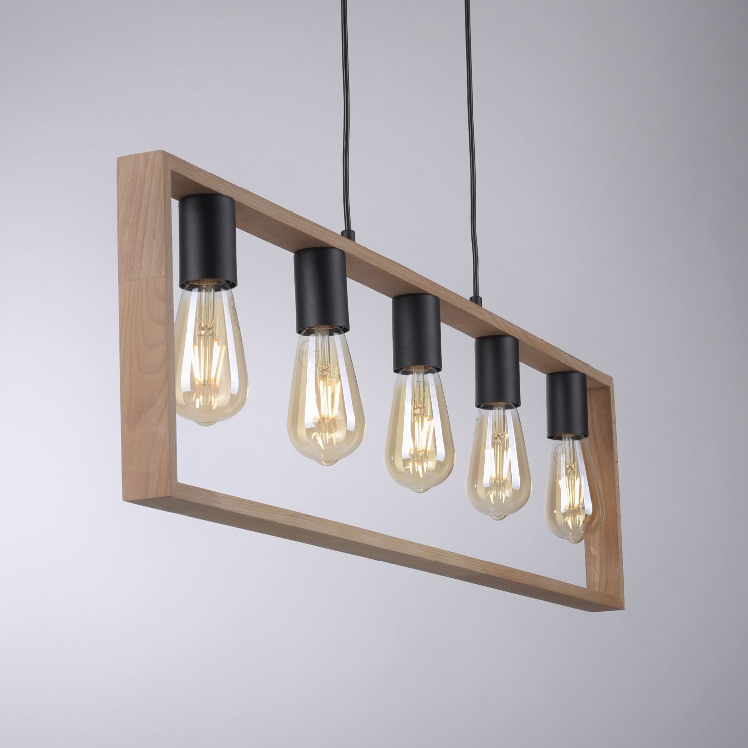 Natürliche Hängelampe Retro Holz Metall L:100 cm 5-flmg Licht, Leuchter, Lampe