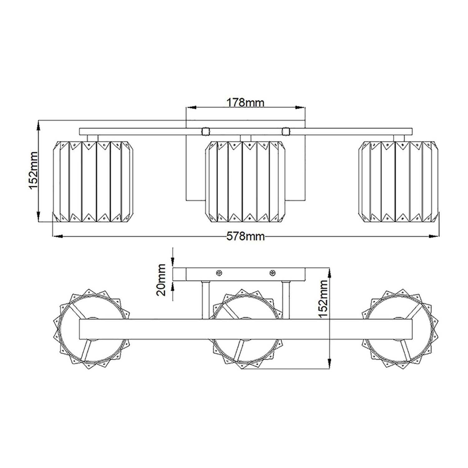 Wandlampe Badezimmer mit 3x LED G9 Kristall IP44 Chrom CAD-Diagramm, Diagramm