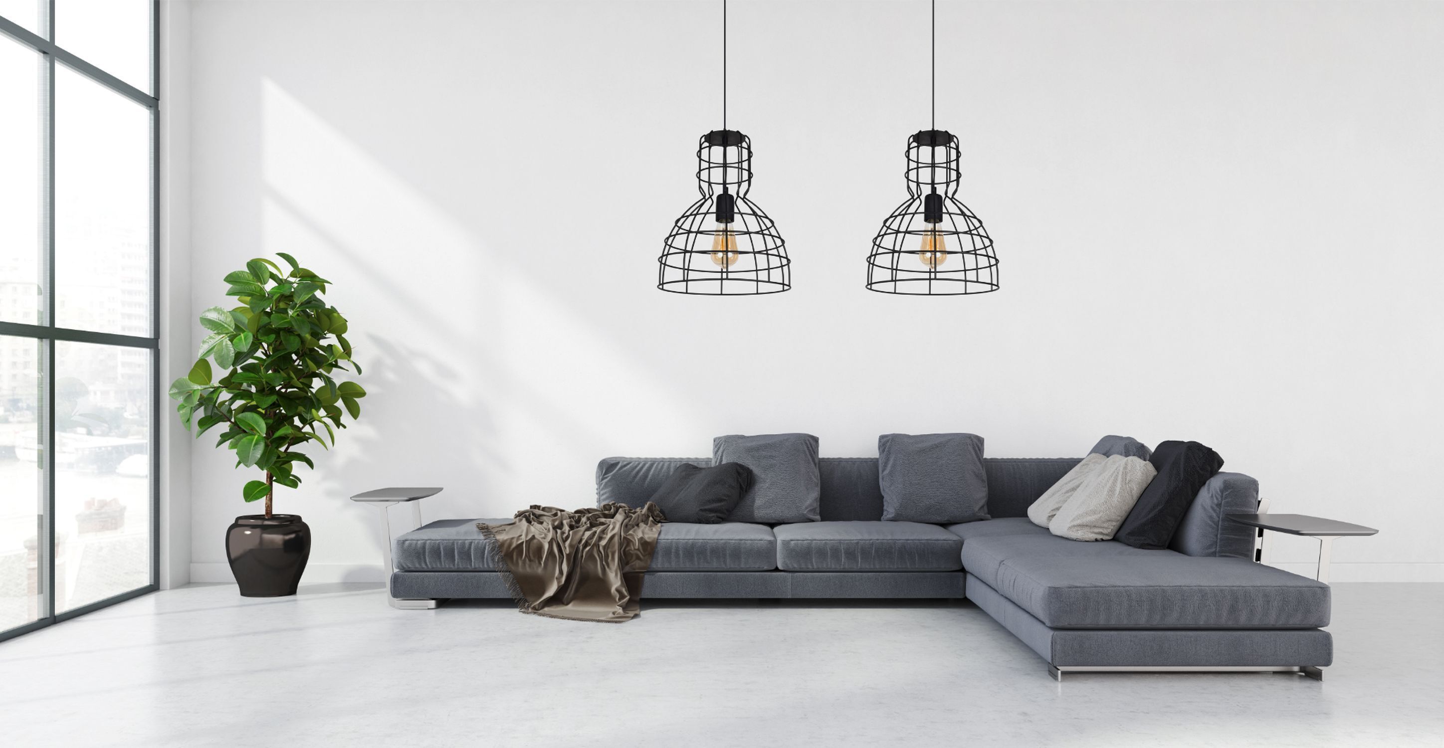 Schwarze Hängelampe Draht Metall 85 cm 2-flmg E27 Loft Couch, Wohnzimmer, Pflanze, Dekoration für Zuhause, Innenarchitektur