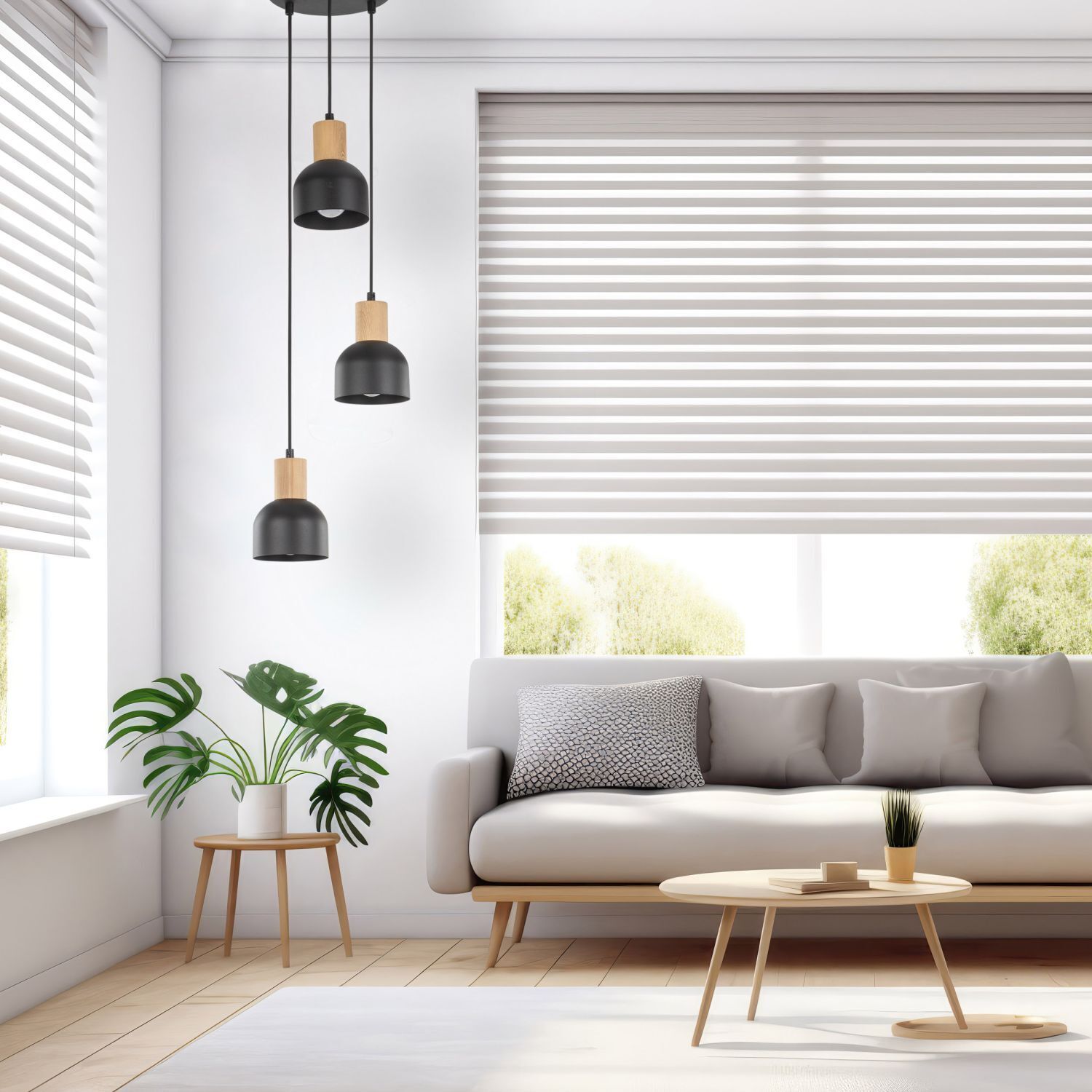 Pendelleuchte Schwarz E27 3-flammig Metall Holz PRESTON Dekoration für Zuhause, Drinnen, Innenarchitektur, Pflanze, Fenster