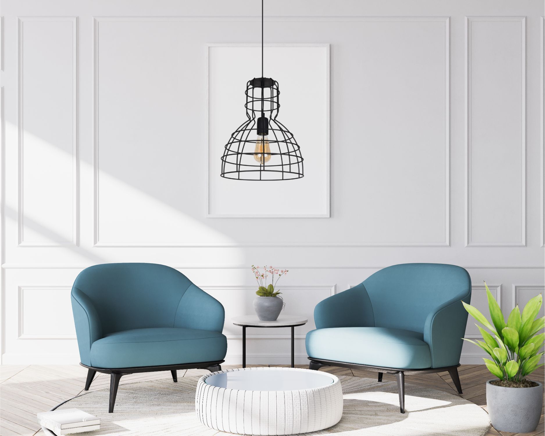 Schwarze Hängelampe Drahtschirm Metall Ø30 cm E27 Loft Sessel, Wohnzimmer, Lounge, Beleuchtung, Deko