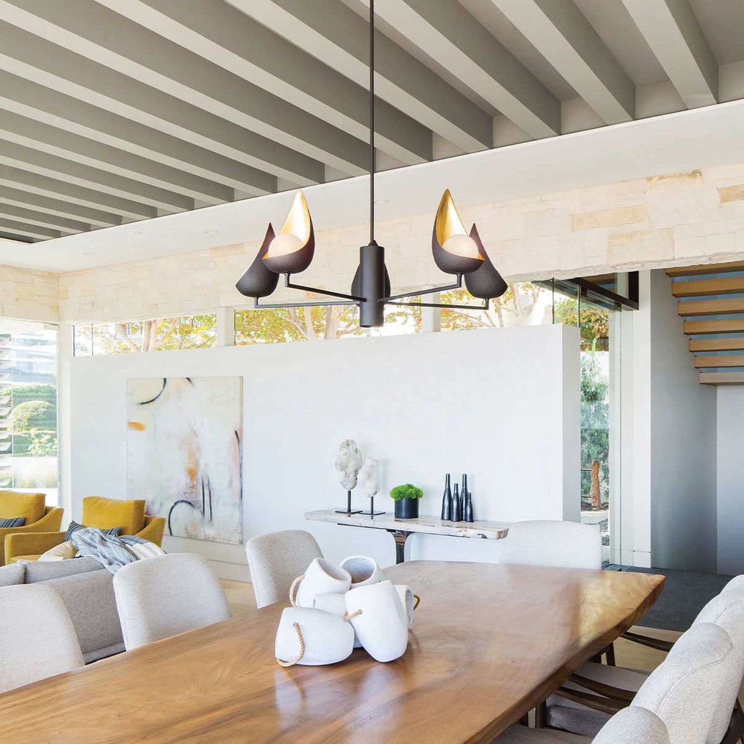 LED Kronleuchter Schwarz Gold Weiß Ø 91,4 cm verstellbare Höhe Speisesaal, Esstisch, Tisch, Innenarchitektur, Inneneinrichtung