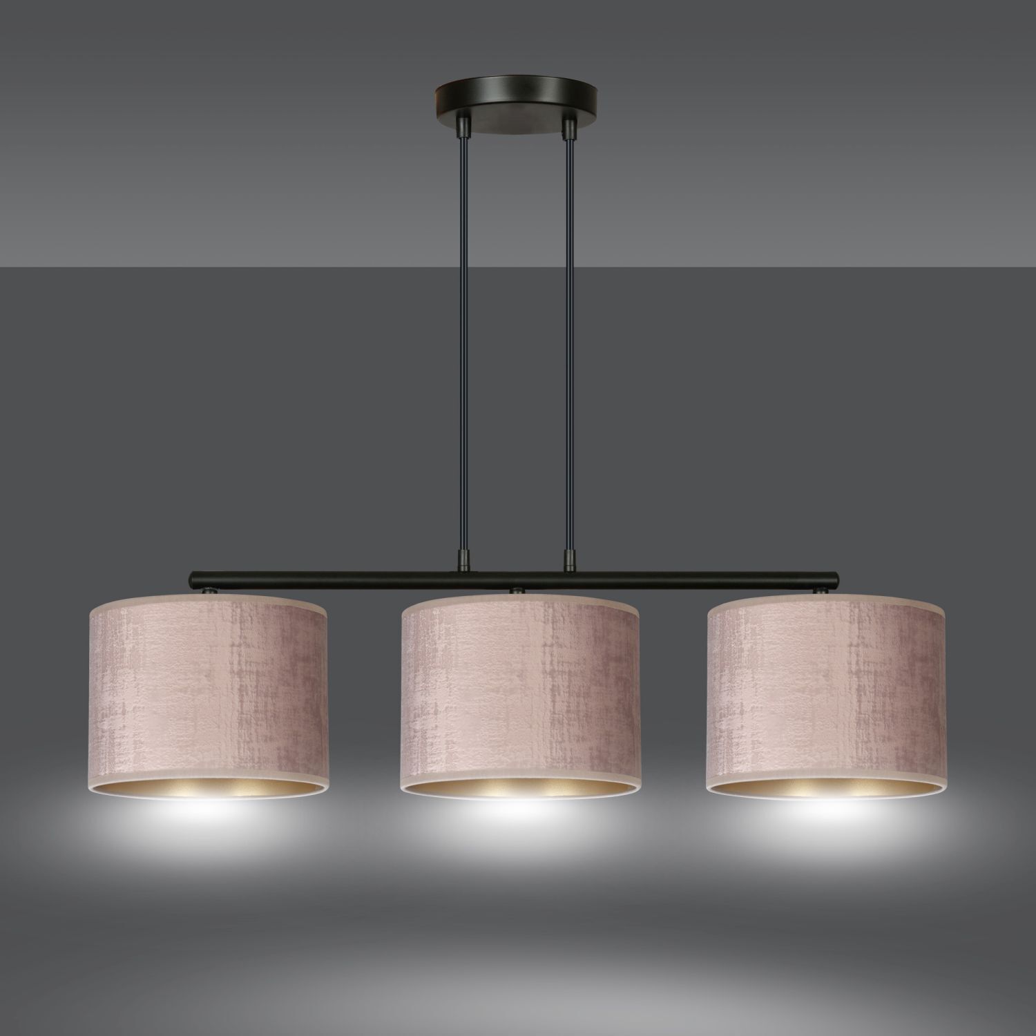 Hängelampe Metall Stoff L: 72 cm Schwarz Rosa Gold 3-flammig