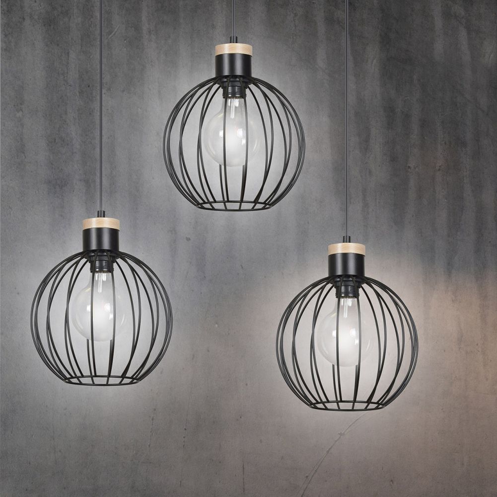 Hängelampe Retro Schwarz Metall Kugel Schirm 3 flammig