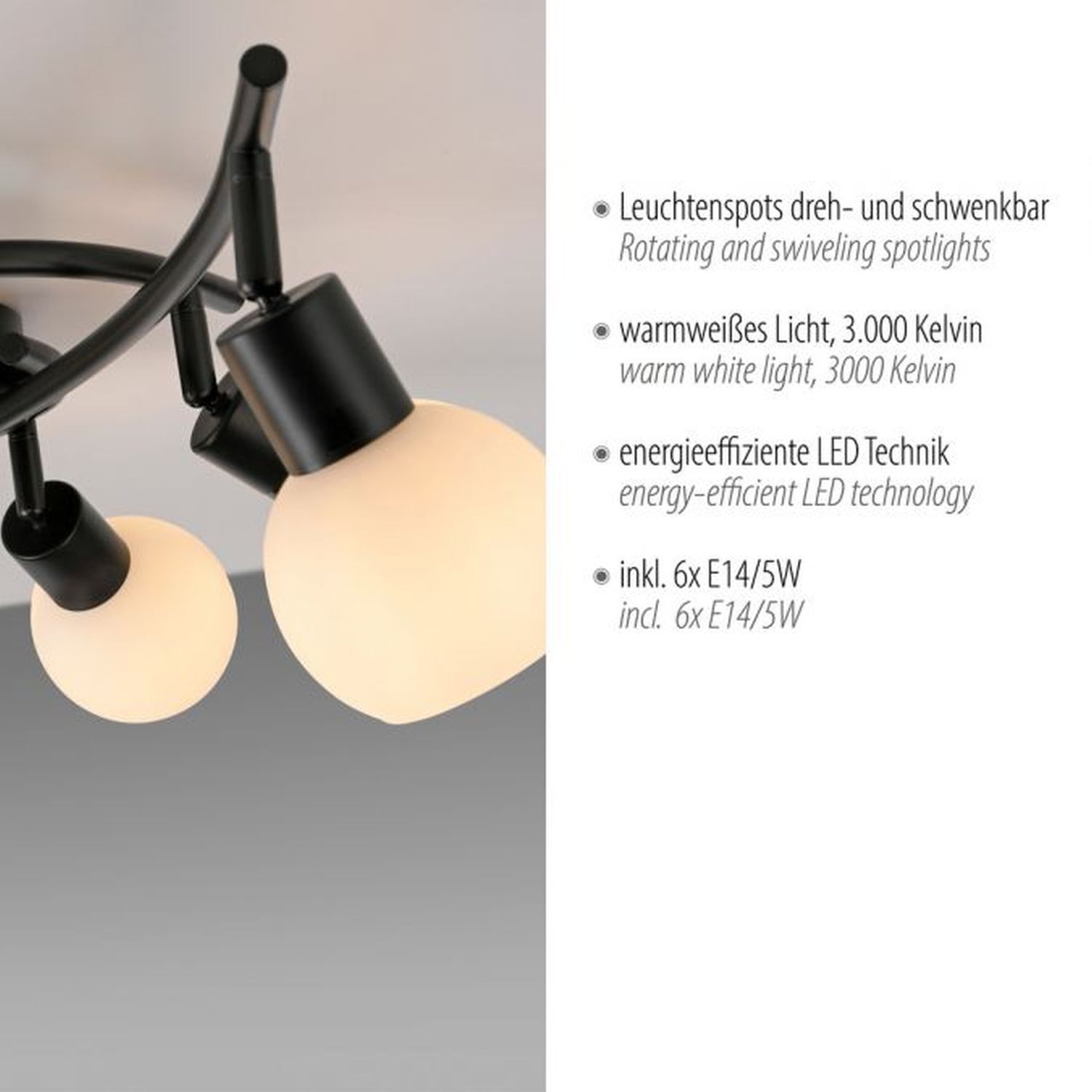 Deckenspot Glas Metall 6-flammig inkl E14 5 W flexibel