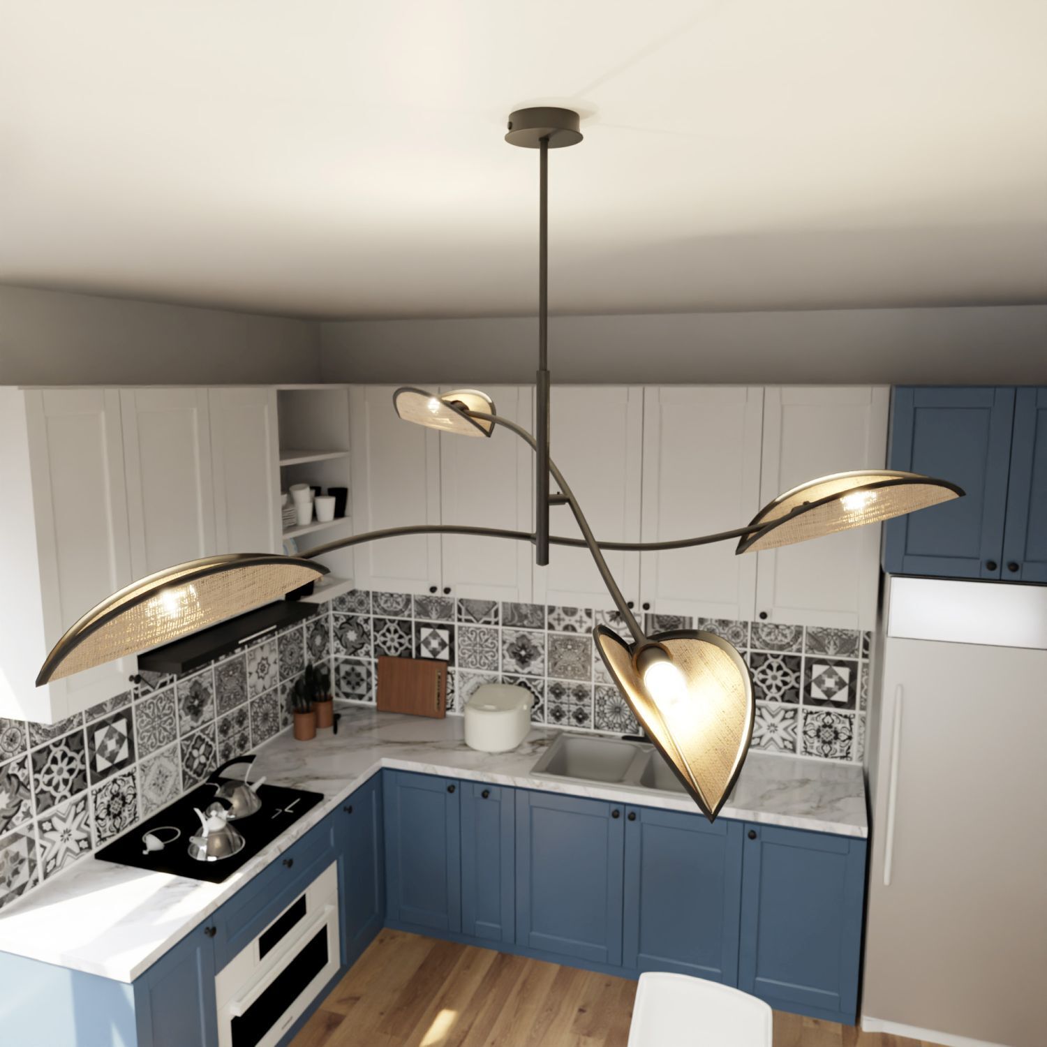 Deckenleuchte drehbar L: 102 cm Rattan Metall 4-flammig E14