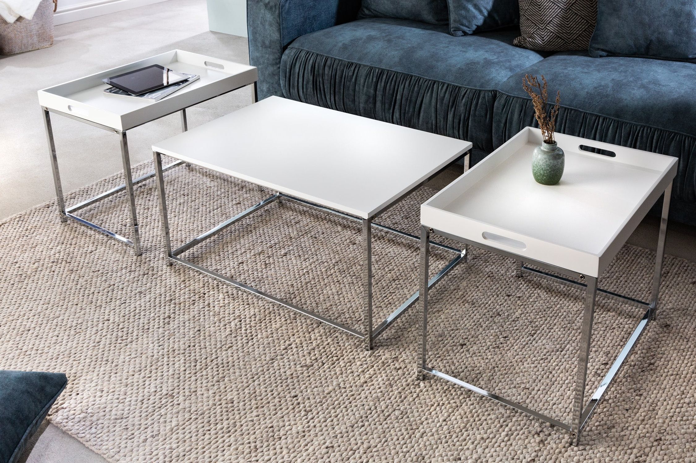 Couchtisch 2er Set MDF Metall in Weiß Chrom mit Tabletts Couchtisch 2er Set MDF Metall in Weiß Chrom mit Tabletts