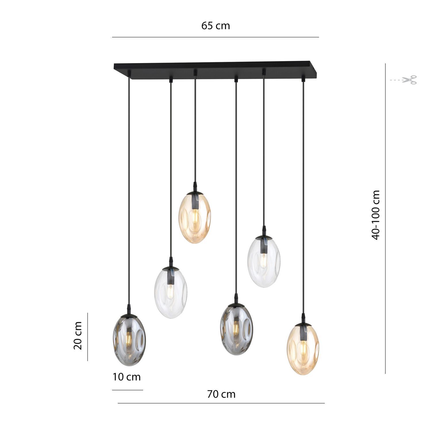 Hängelampe 6-flammig Rauchglas 70 cm breit CARLU