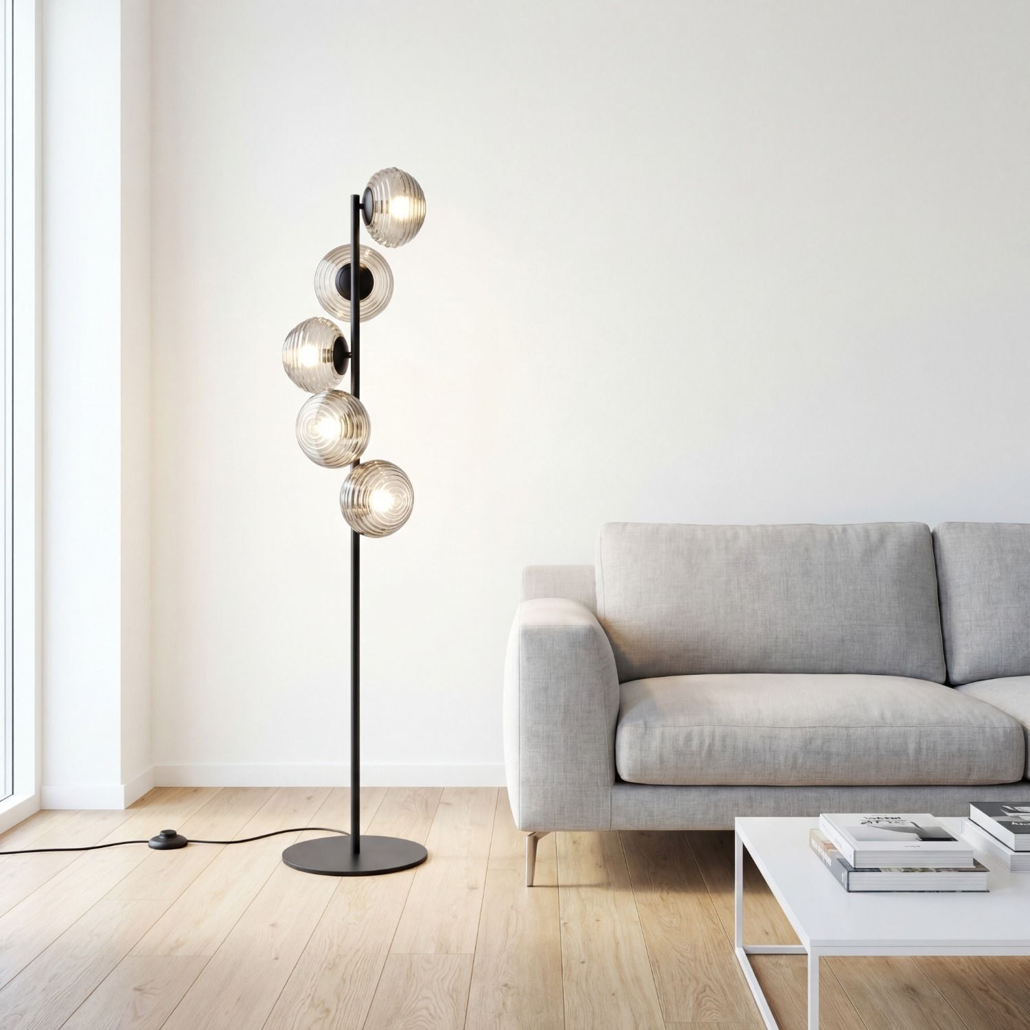 Stehlampe Schwarz Rauchglas Metall Schalter 160 cm E27 Stehlampe, Glimmer-Lampe, Kugelleuchten, Schwarz-Stange, Wohnzimmer