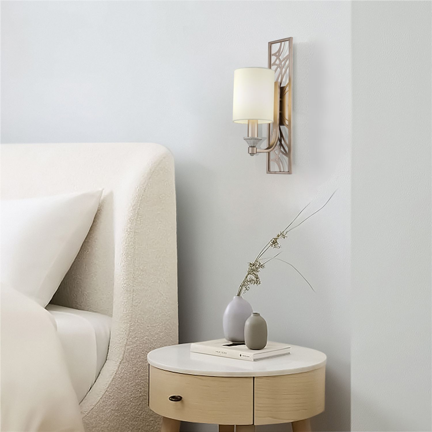 Wandlampe Metall Stoff H: 42 cm in Cremegold Weiß E14 Wandlampe, Nachttisch, Bettzimmer, Dekoration, Lampe