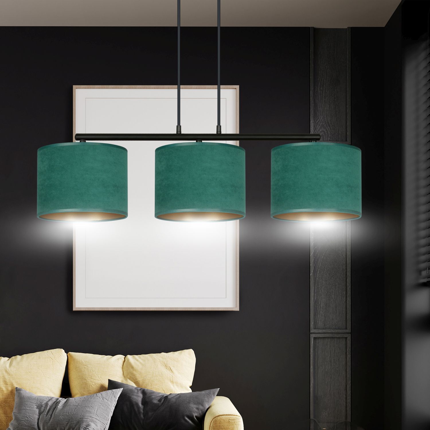 Hängelampe Stoff Metall L: 72 cm Schwarz Grün Gold 3x E27