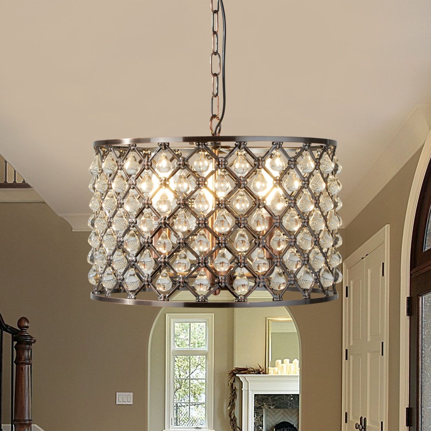 Pendelleuchte Kristall Ø 38 cm 3x E14 in Kupfer antik