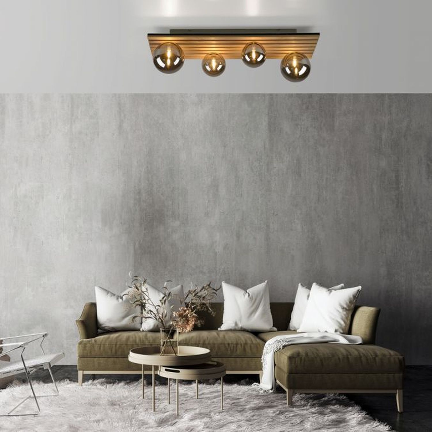 Wohnliche Deckenlampe Glaskugeln Holz G9 80 cm Natur