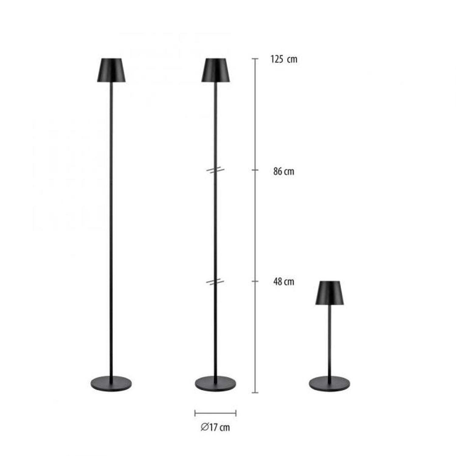 LED Akku Stehlampe Schwarz IP54 125 cm Touch Dimmen 2 W Lampe